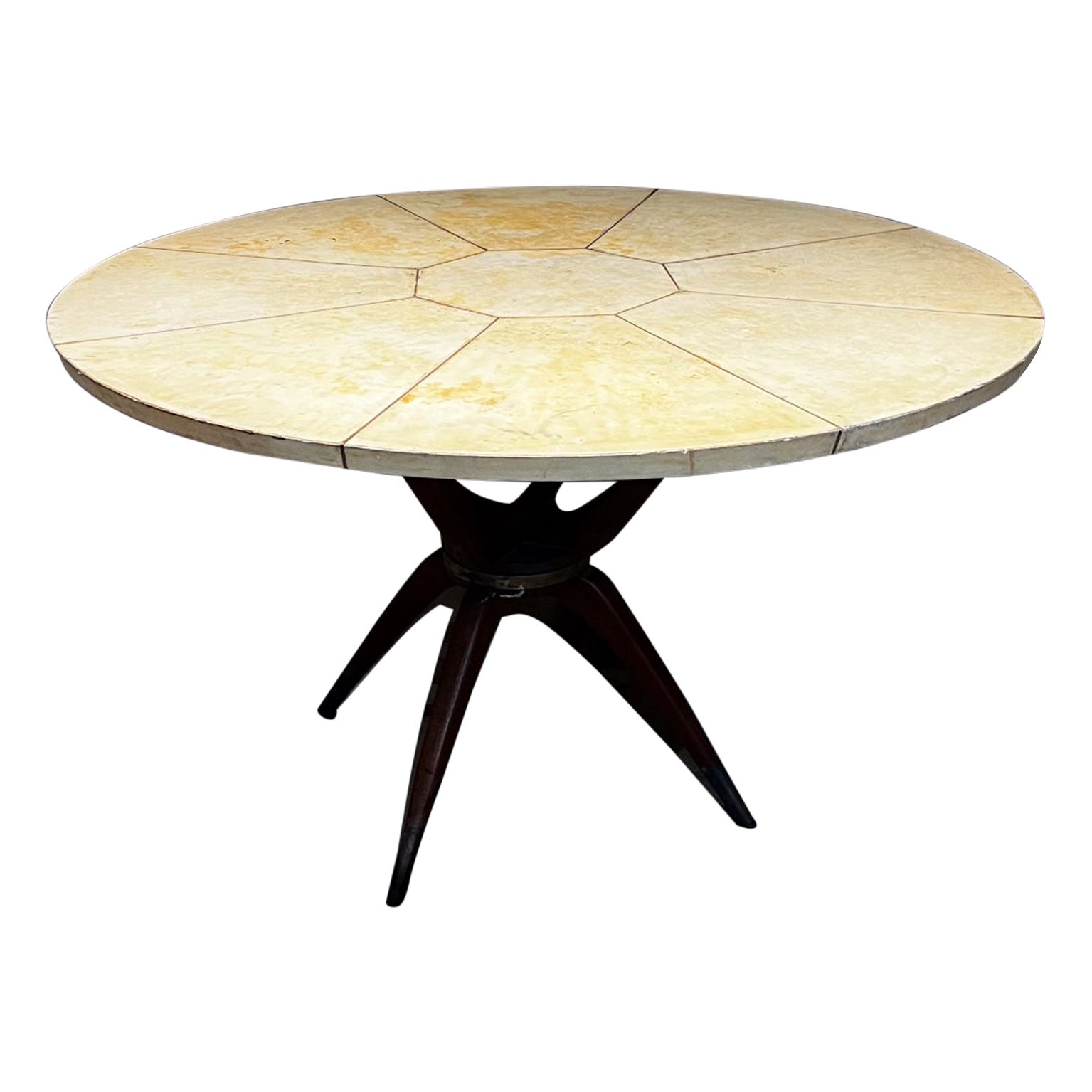 1950s Splendid Dining Table in goatskin, mahogany & patinated brass
made in Mexico
Mexican modernism, inspired by Italian design.
Unmarked. Attributed Arturo Pani.
28.25 h x 47.5 diameter
Original unrestored vintage condition with vintage