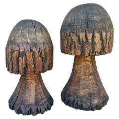 Vintage Folk Art Hand Carved Oak Mushroom Statues, Pair