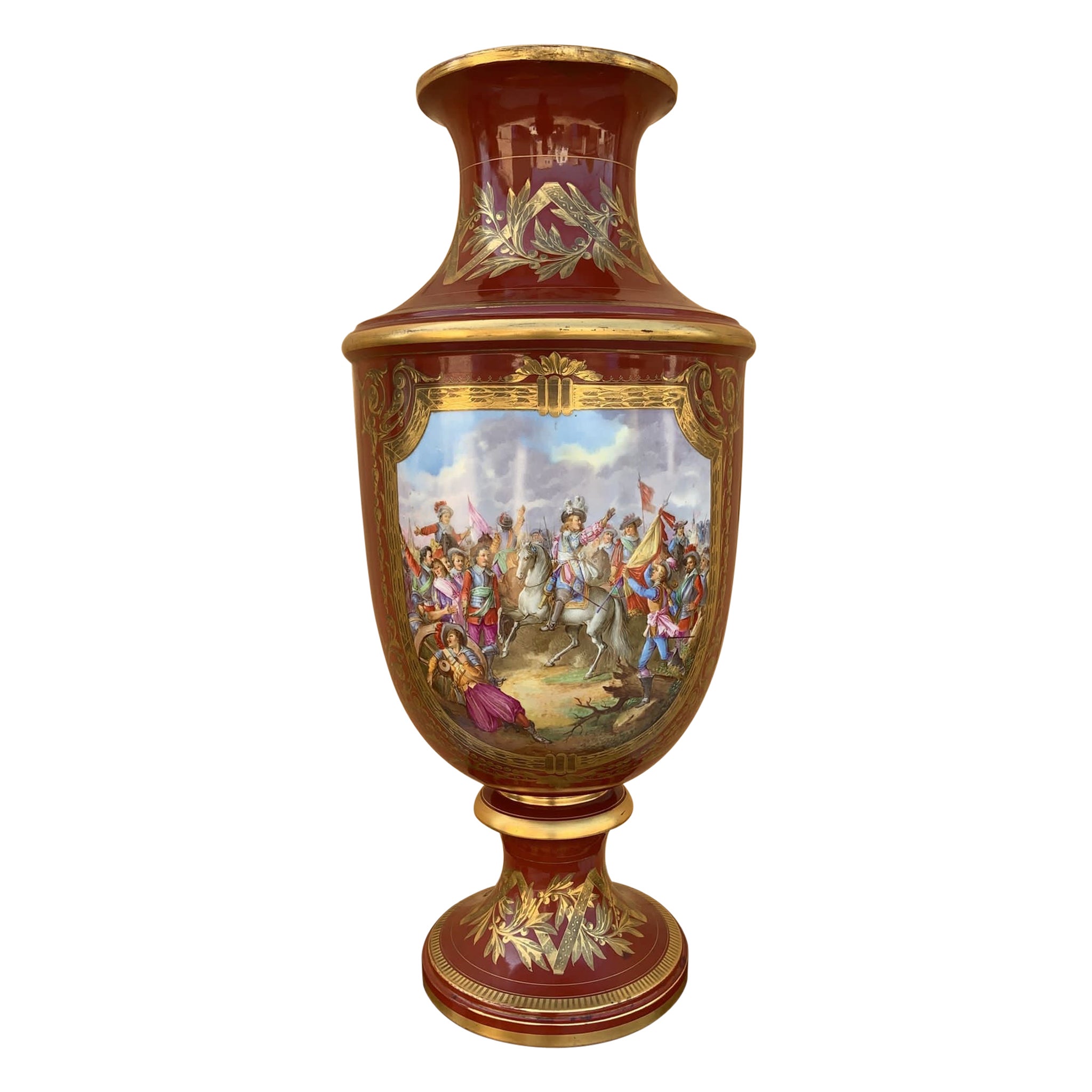 Late 19th Century Large Red French Severs Painted Porcelain Trumpet Vase For Sale