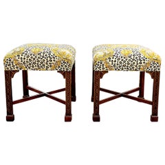 Chinese Chippendale Style Brunschwig & Fils Leopard / Chinoiserie Ottomans -Pair