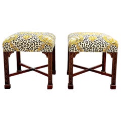 Chinese Chippendale Style Brunschwig & Fils Leopard / Chinoiserie Ottomans -Pair