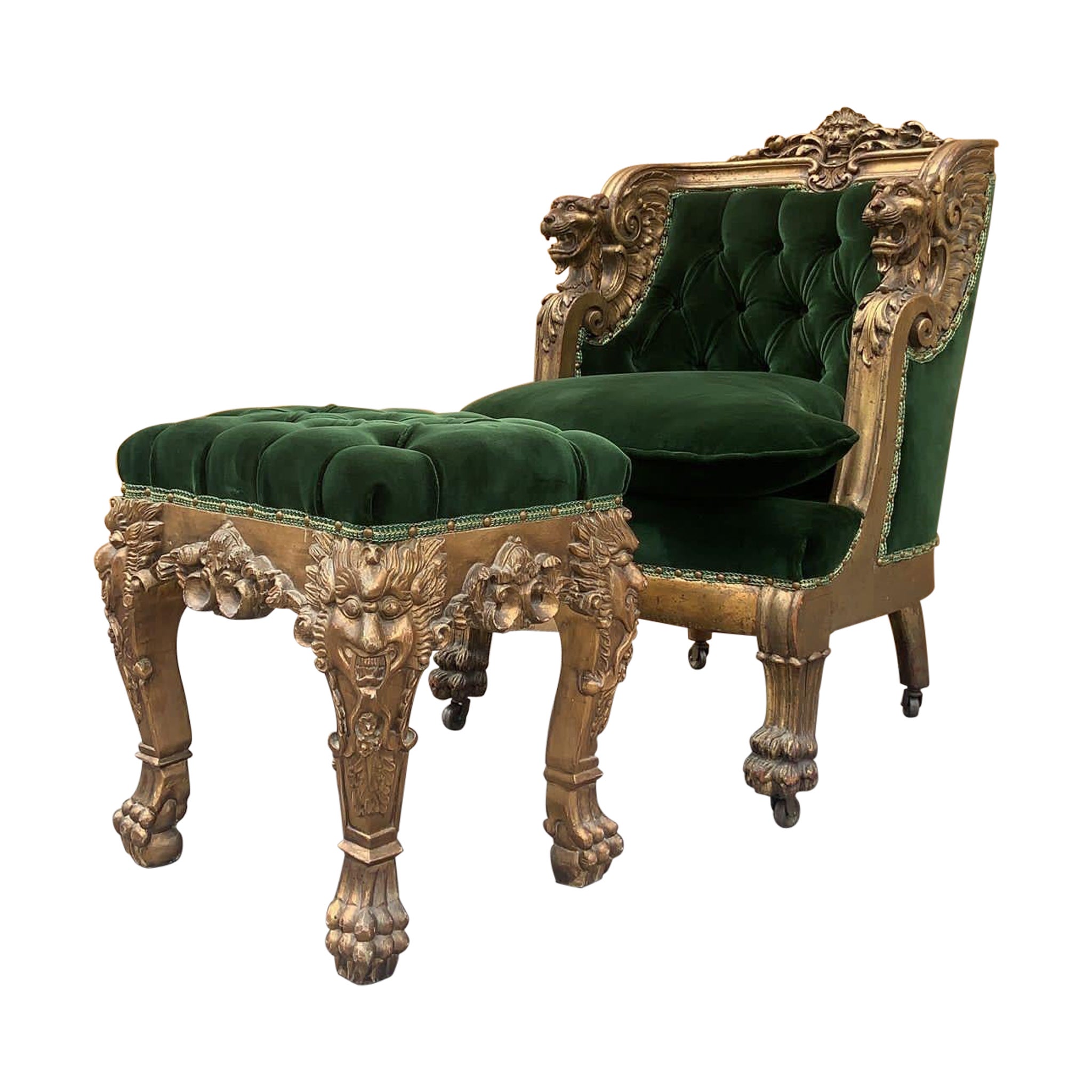 French Renaissance Carved Gilded Griffen Armchair & Ottoman Newly Upholstered  For Sale