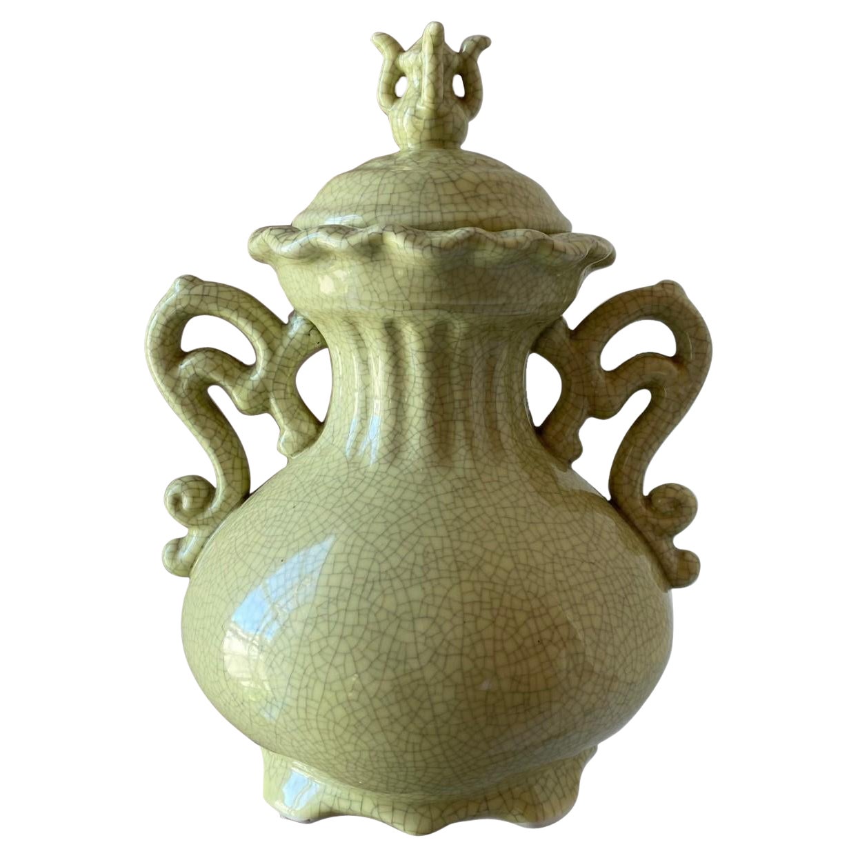 Vintage Chinese Sculptural Crackle Glaze Chinoiserie Ceramic Urn 