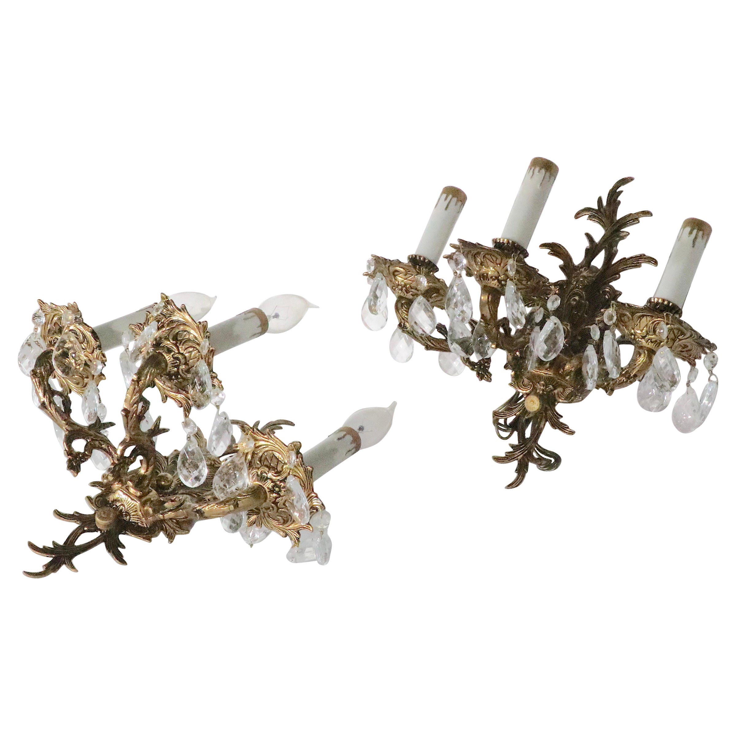 Pr. Rococo  Brass Three Light Sconces Made in Spain c. 1950/1970's For Sale