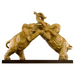 Antique Elephant Fight, Patinated Earthenware Sculpture, France 1800s