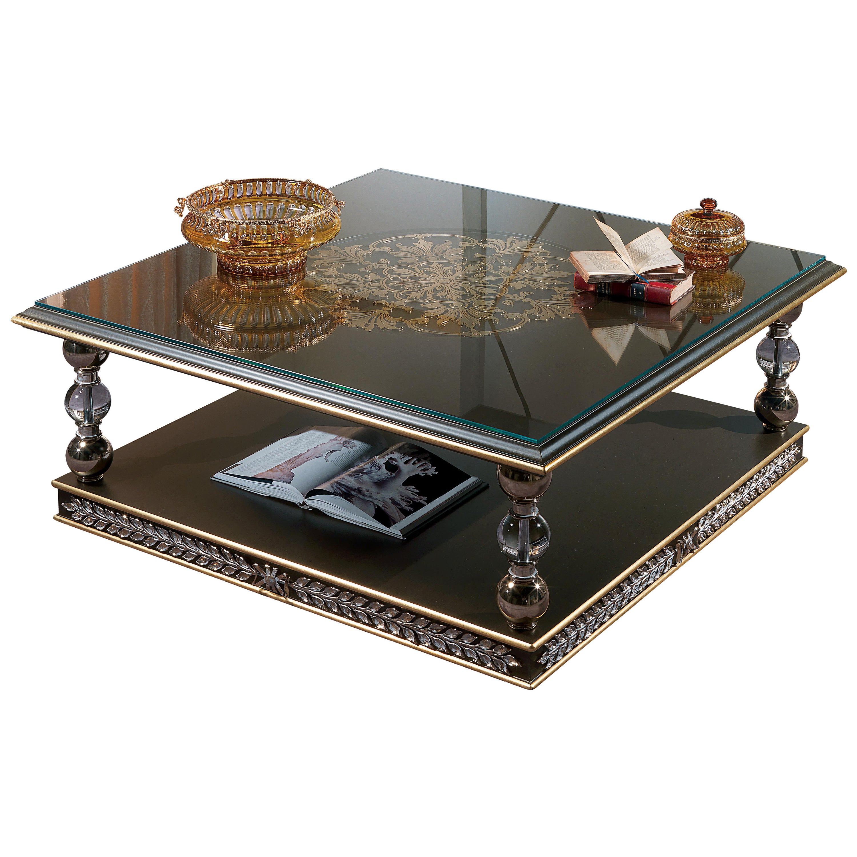 Wooden coffee table with glass and metal decoration ES074 For Sale