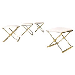 Vintage Italian modern stools in golden metal and white fabric, 1980s