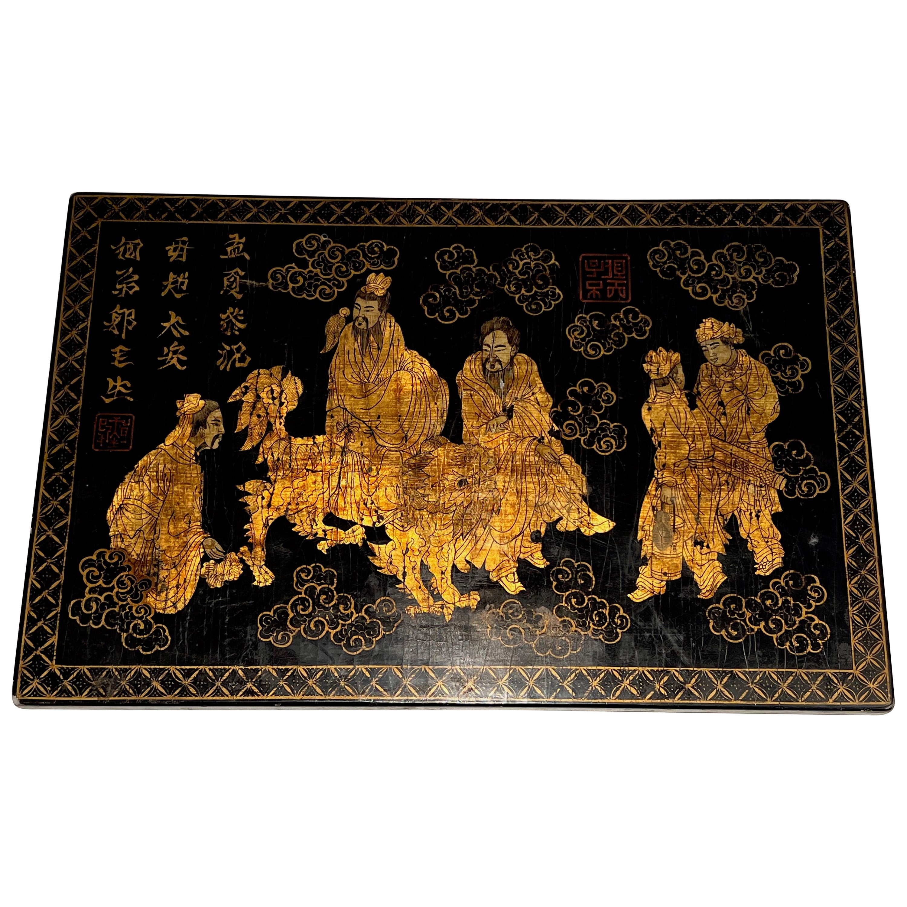 Lacquer and Gilding Painting with Chinese Decors. French work. Circa 1970 For Sale