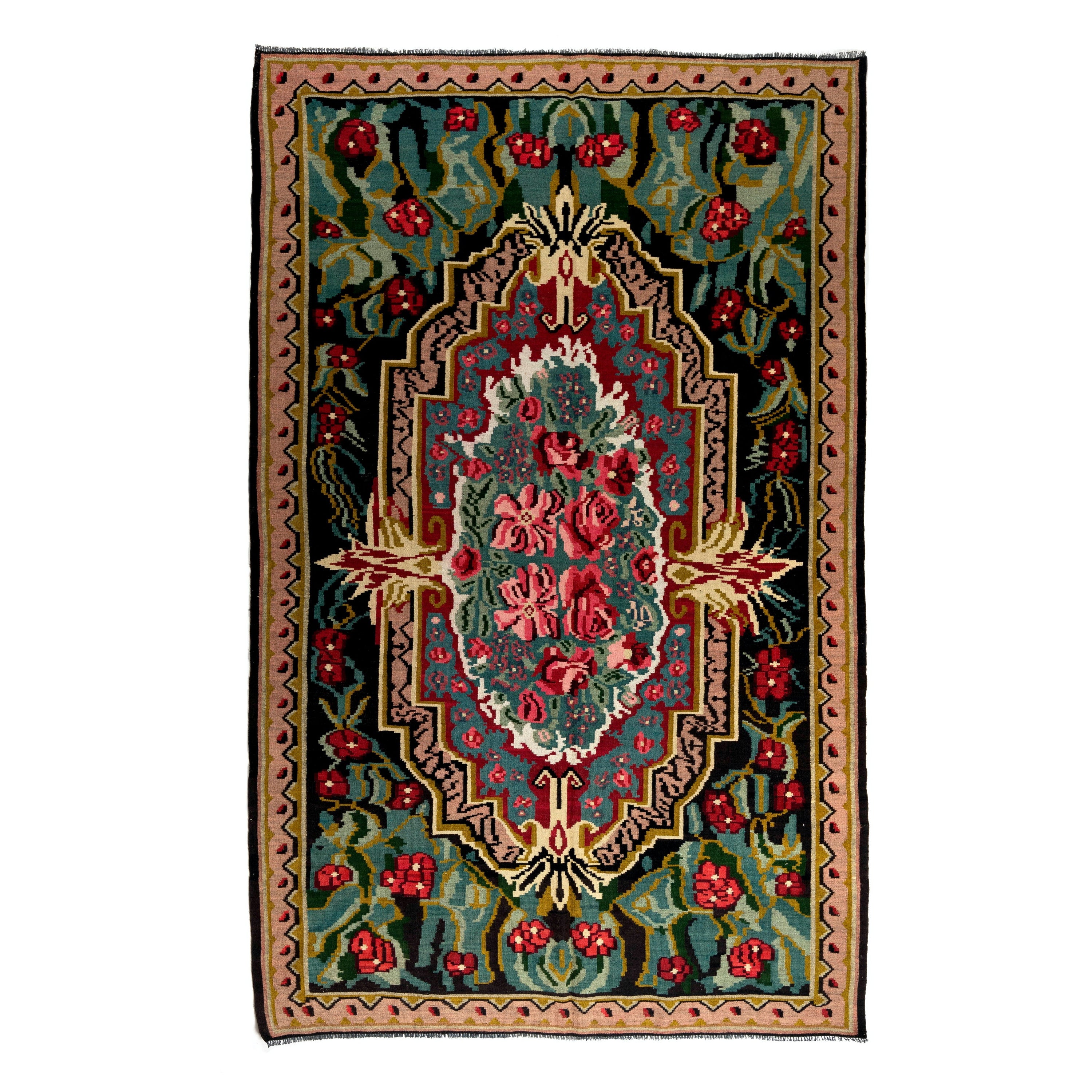 6.6x10,5 Ft Vintage Bessarabischer Kelim, handgefertigter Wollteppich, Wandbehang mit Blumenmuster