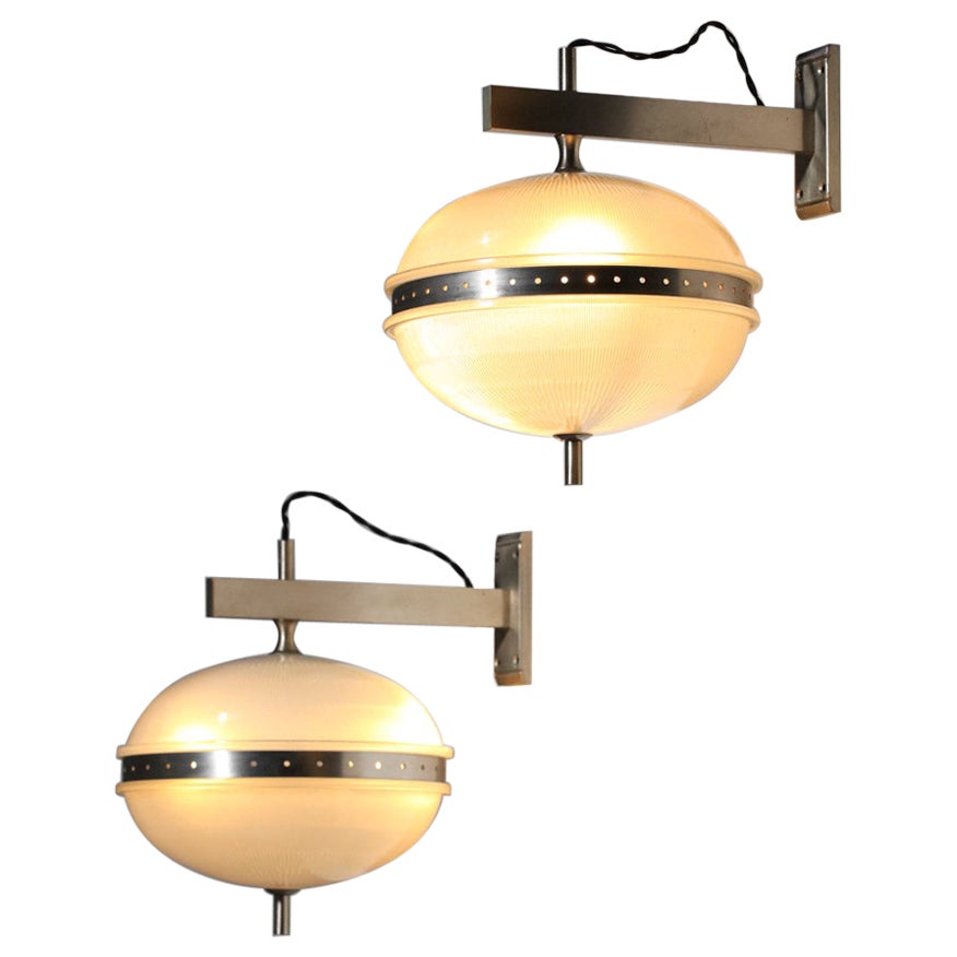 Suite of 3 Sergio Mazza Italian sconces chrome and glass 60's  For Sale