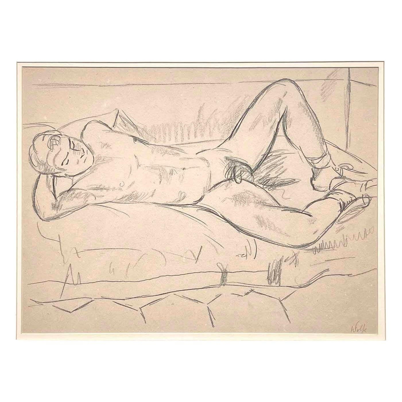 "Reclining Male Nude", Important Drawing by Edward Wolfe, Duncan Grant's Circle For Sale