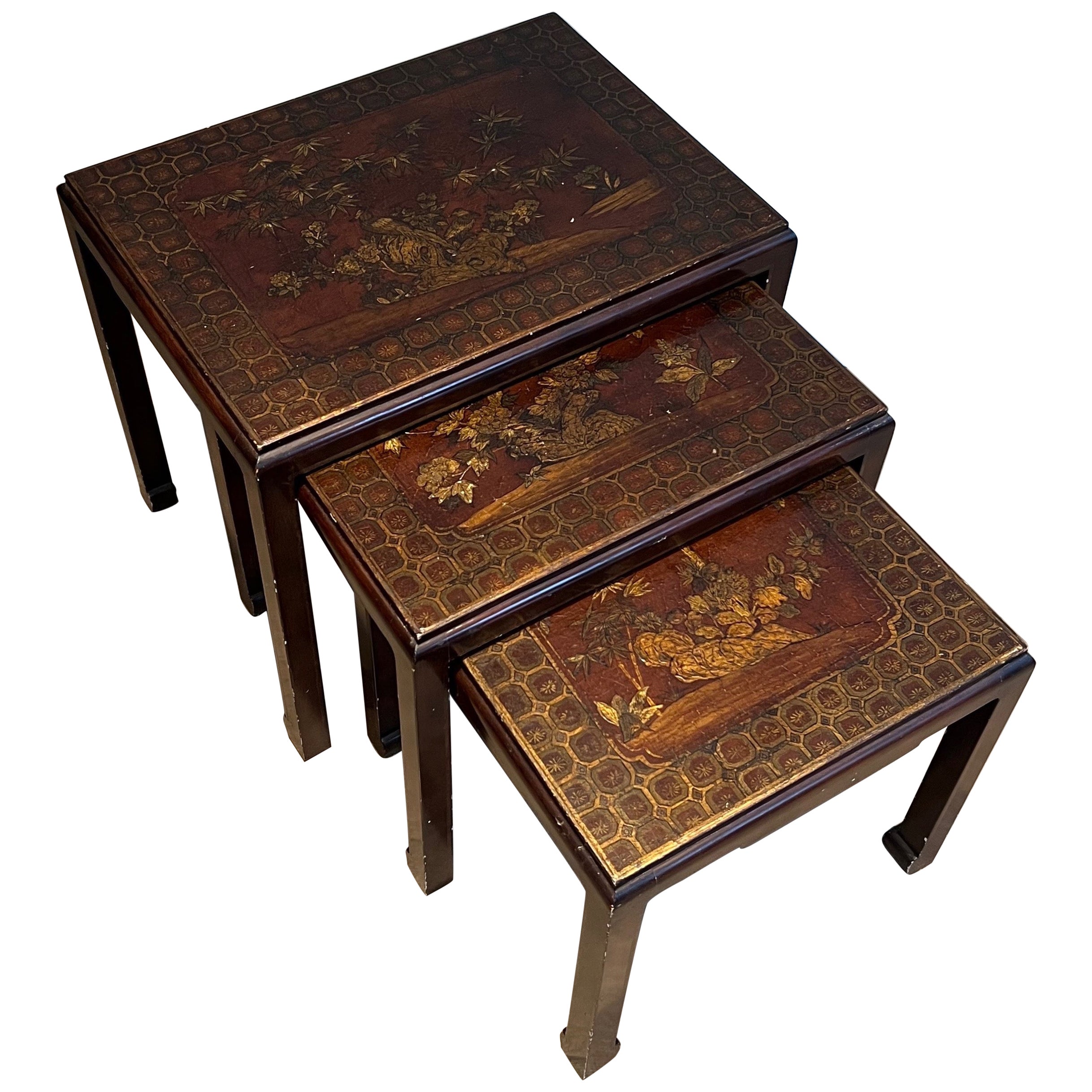 Set of Three Lacquered Nesting Tables with Chinese Scenes. Circa 1940