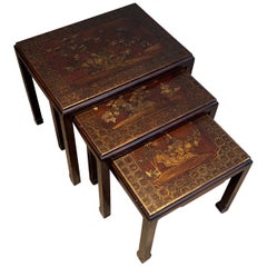 Vintage Set of Three Lacquered Nesting Tables with Chinese Scenes. Circa 1940