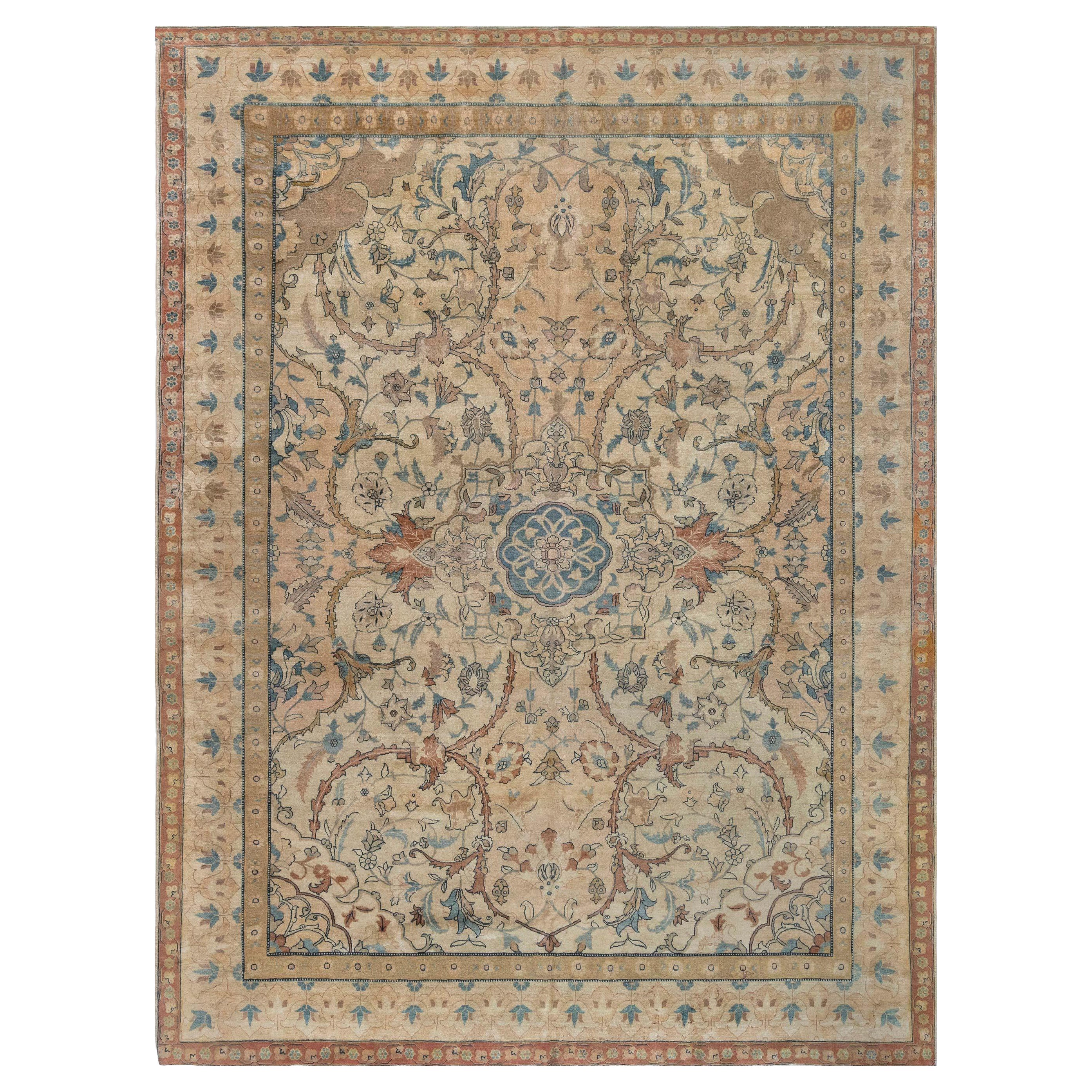 Antiker Blumenmedaillon Persisch Tabriz Wollteppich