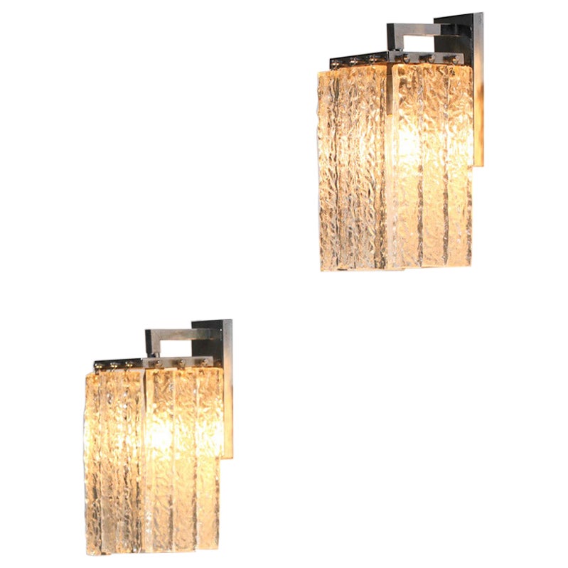 Pair of 70's murano glass italian sconces chromed steel 