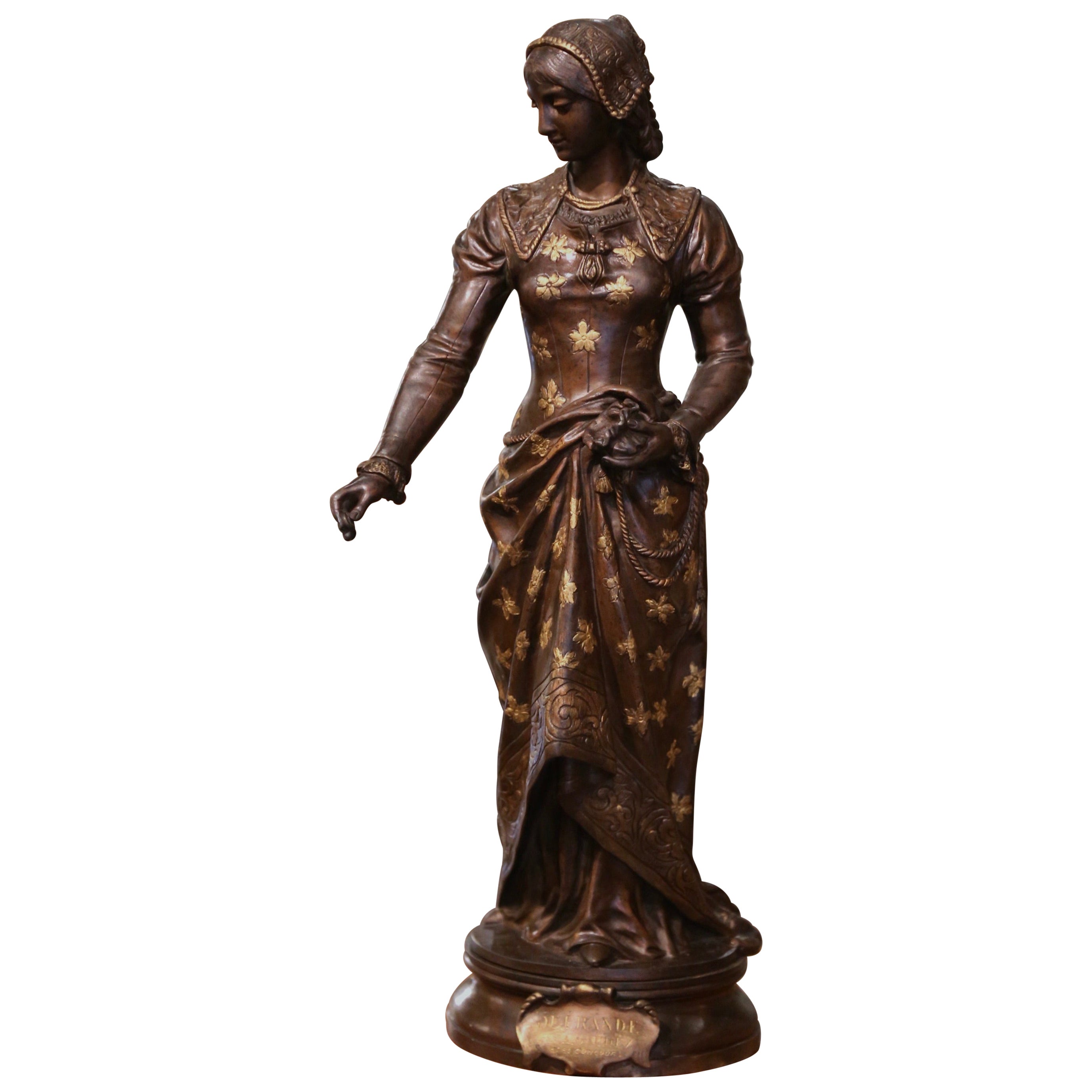 Französische Figur „Offrande“ aus patinierter und vergoldeter Bronze des 19. Jahrhunderts, signiert A. Gaudez