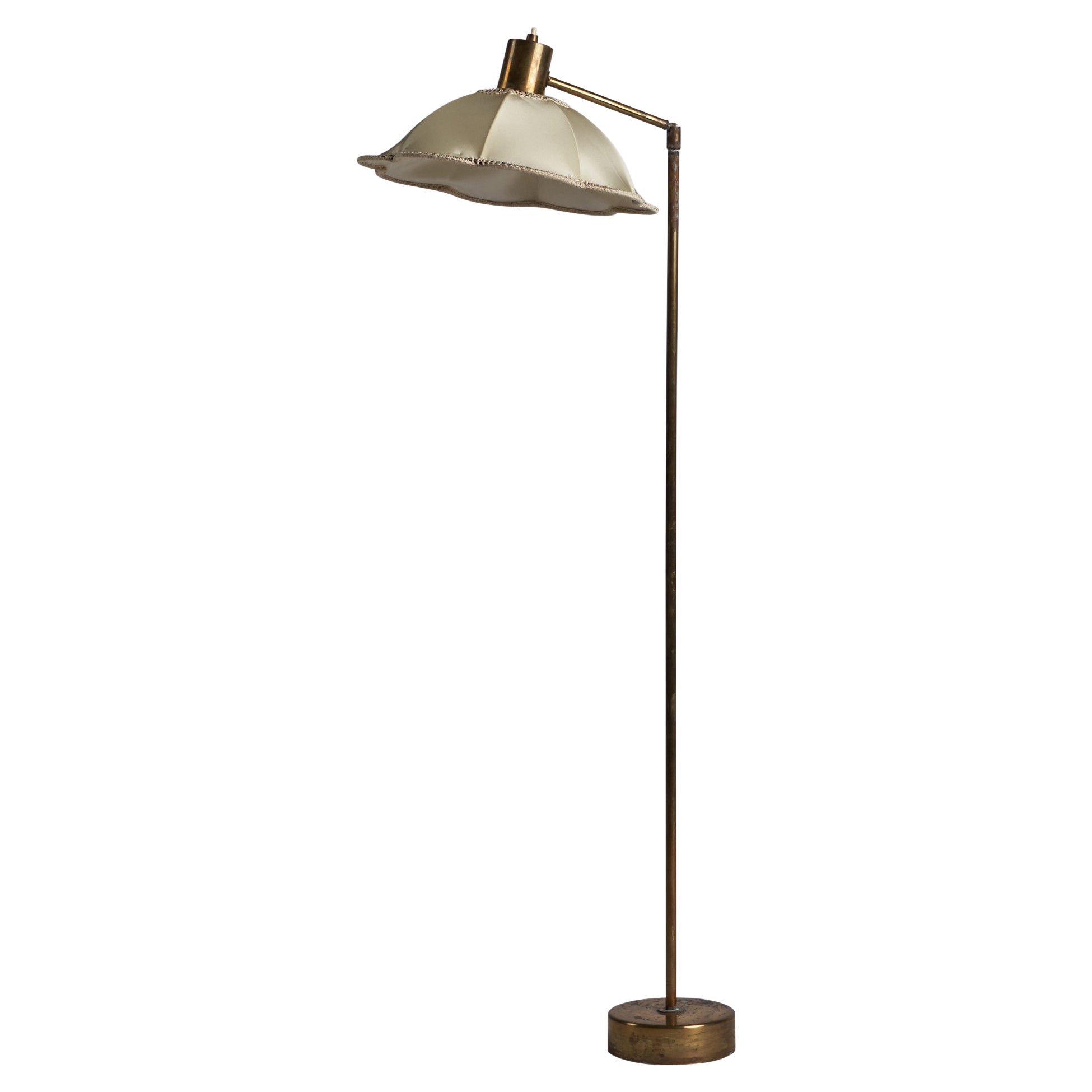 Hans Bergström, Floor Lamp, Brass, Fabric, Sweden, 1940s For Sale