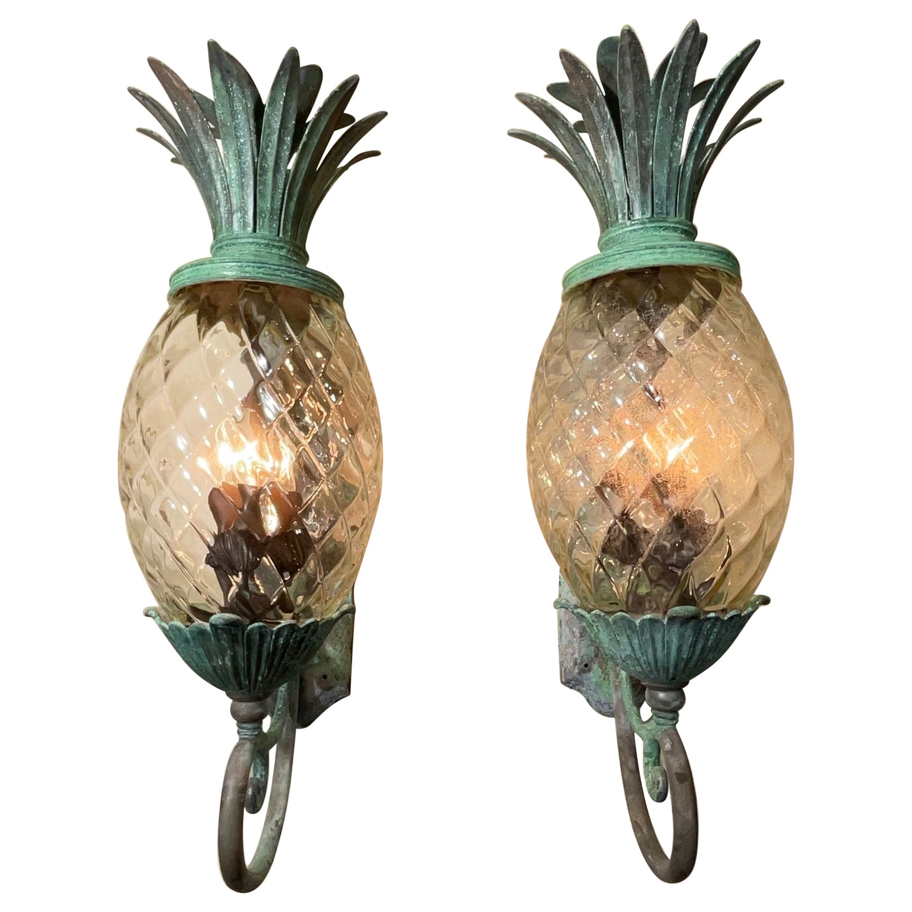 Large Pair of Bronze and Brass Pineapple Wall Lantern or Wall Sconces 