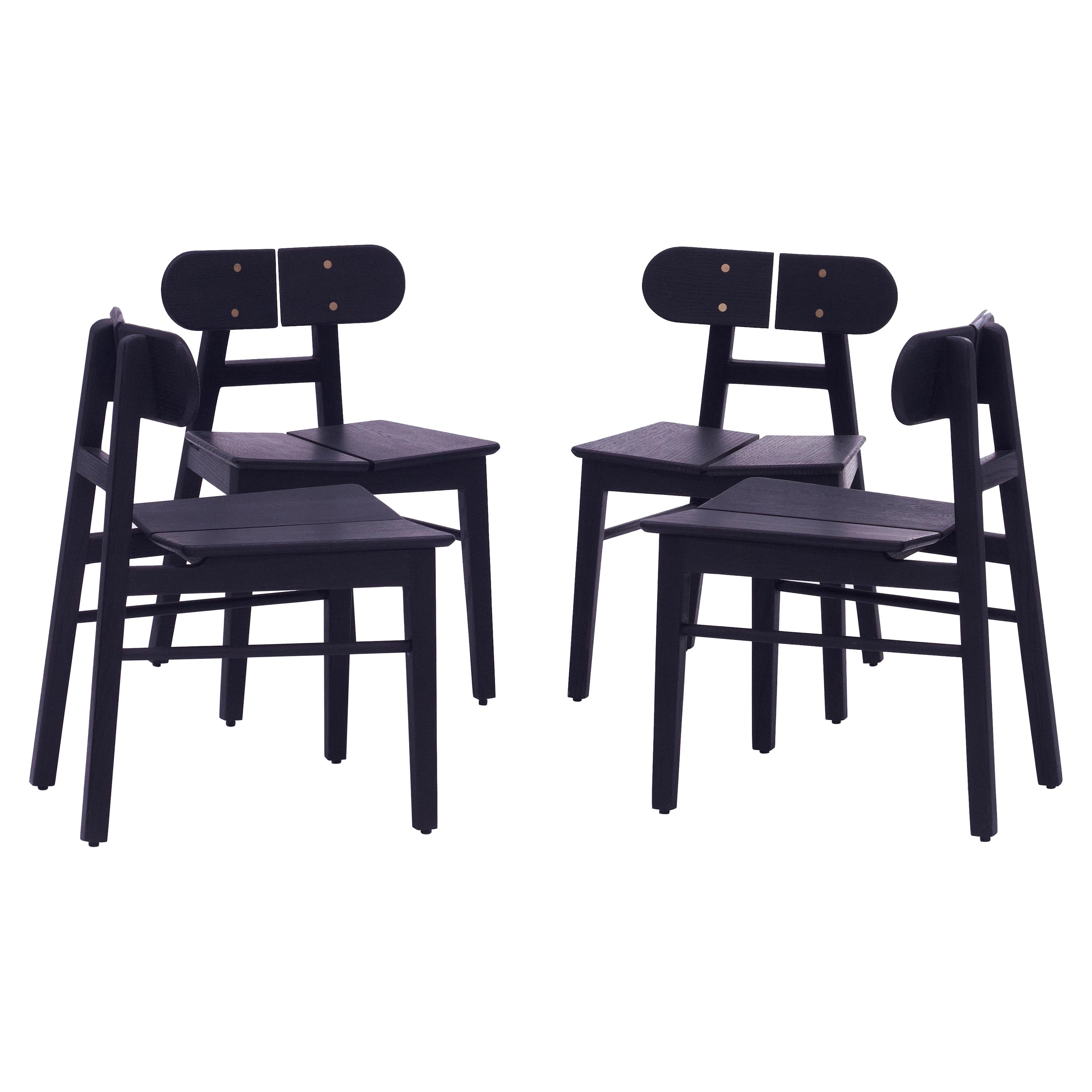 Set of 4 Black Contemporary solid wood Butterfly Oak dining chairs with brass For Sale