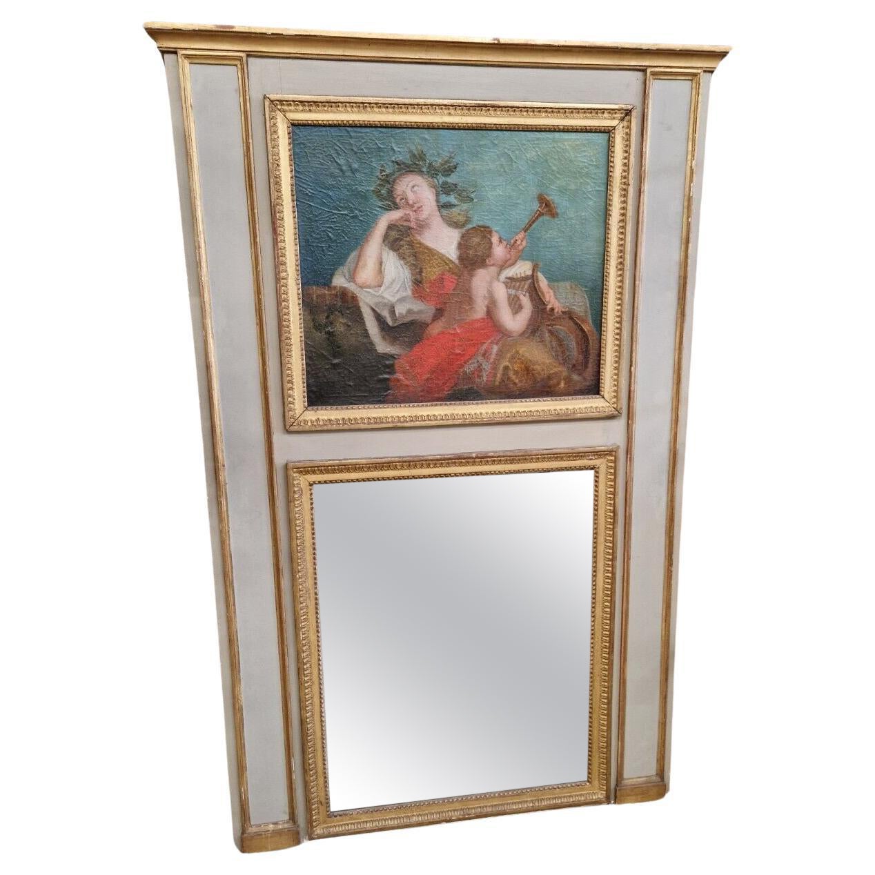 19th Century hand Painted French Trumeau Mirror Louis XVI Style