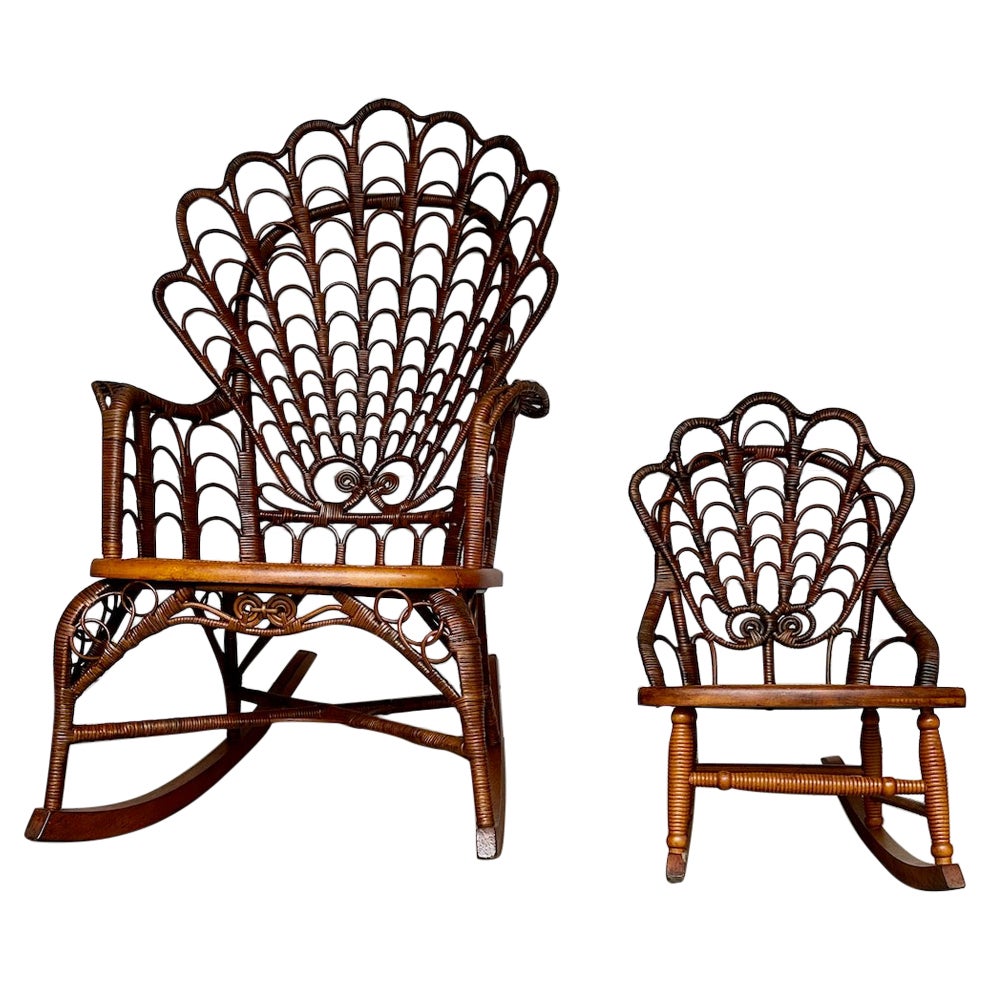 19th C. matching wicker shell back design adult and child size rocking chairs For Sale
