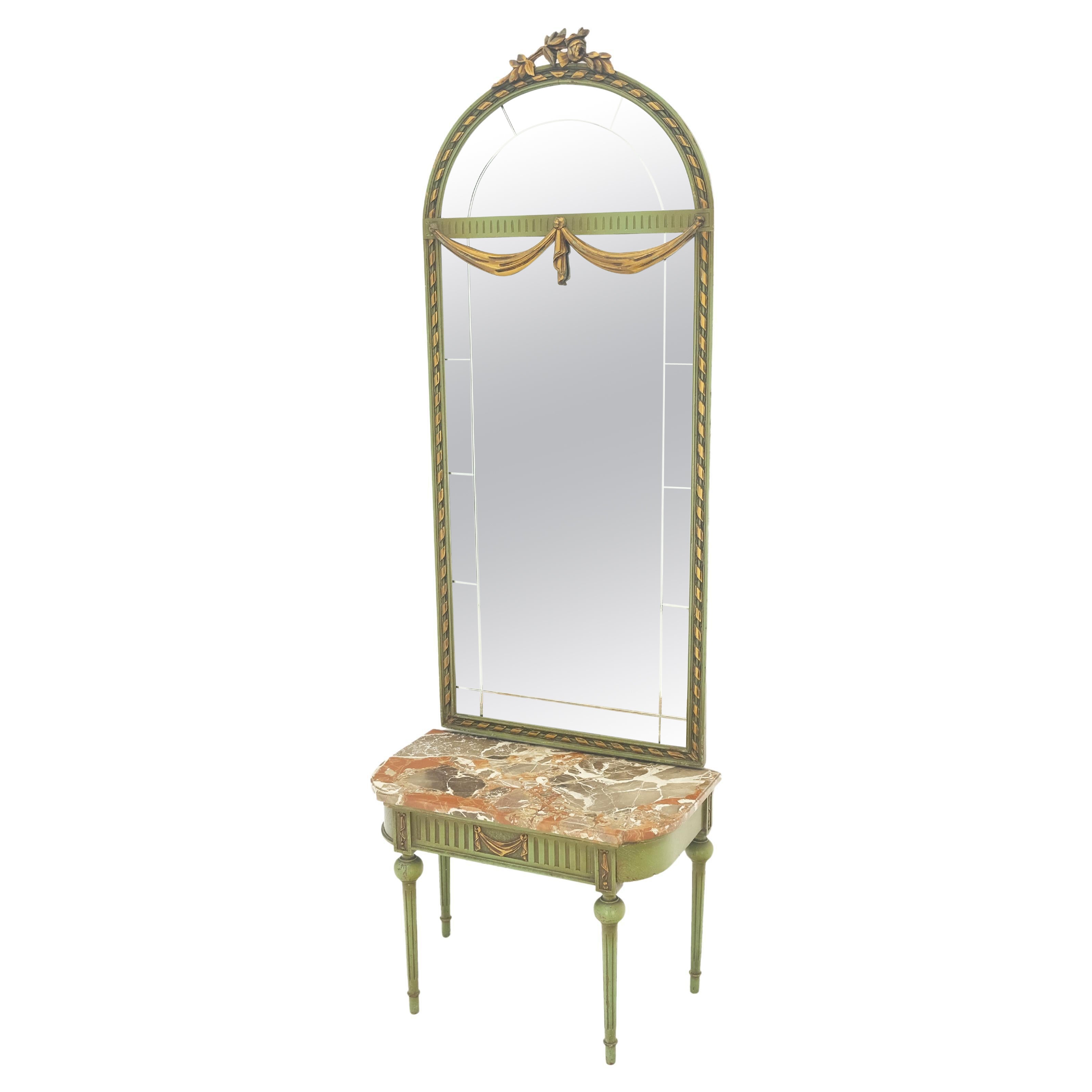 Marble Top Console Dome Shape Green & Gold french Pier Mirror  For Sale