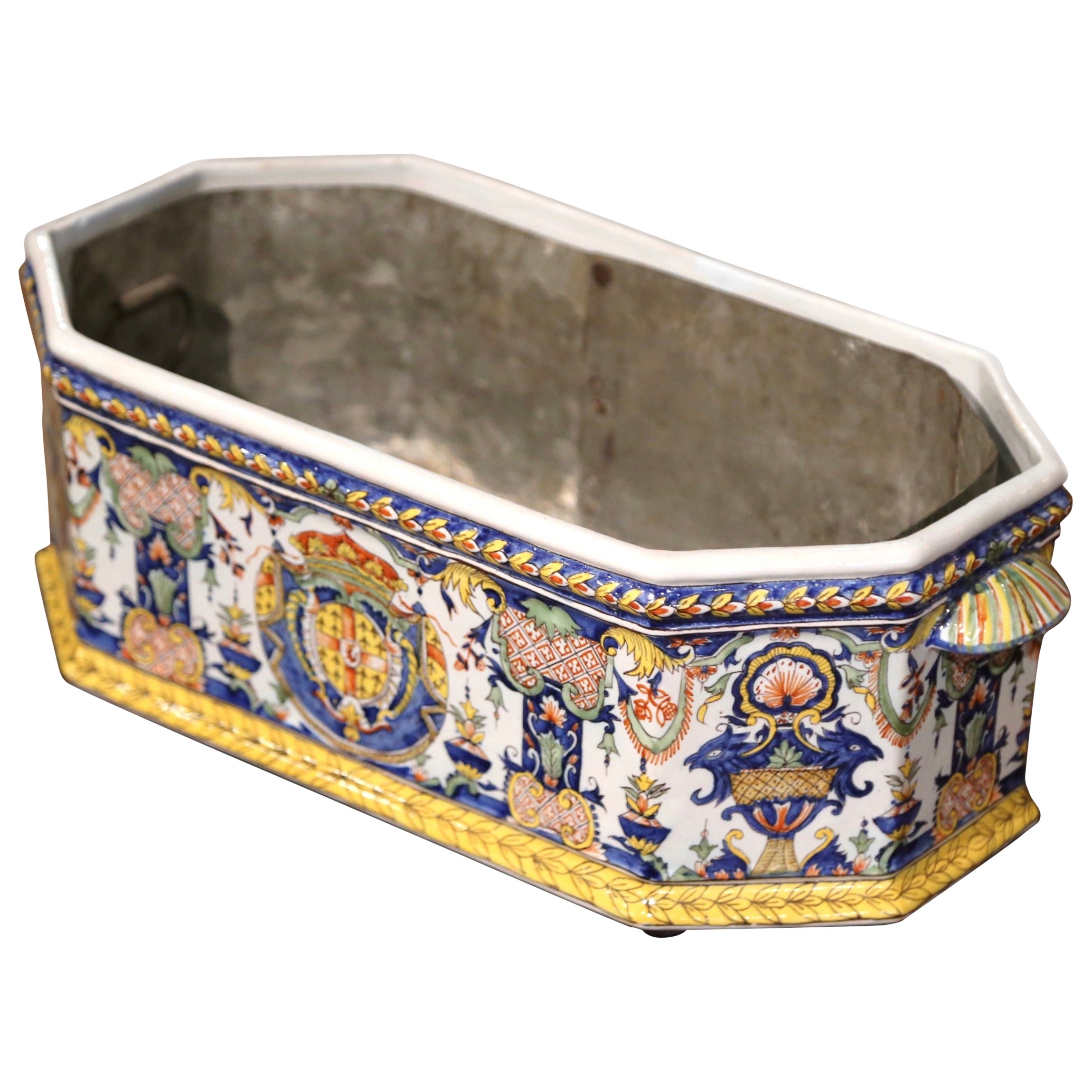 19th Century French Hand-Painted Faience Jardiniere with Tole Liner from Desvres
