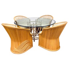 McGuire Round Glass and Bamboo Dining Table with Four Parquetry Chairs