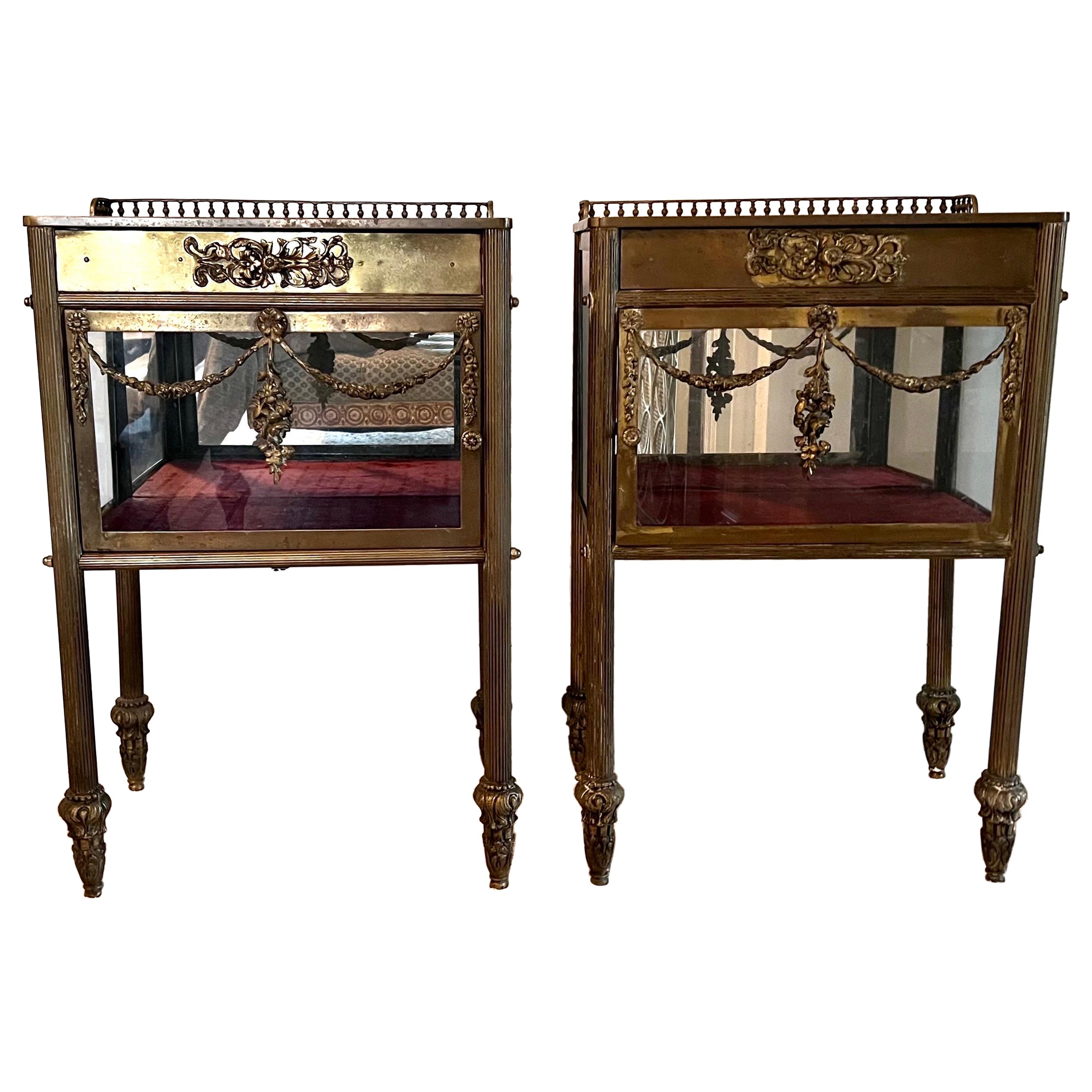 Pair of Antique Patinated Brass and Glass Vitrine Nightstands For Sale