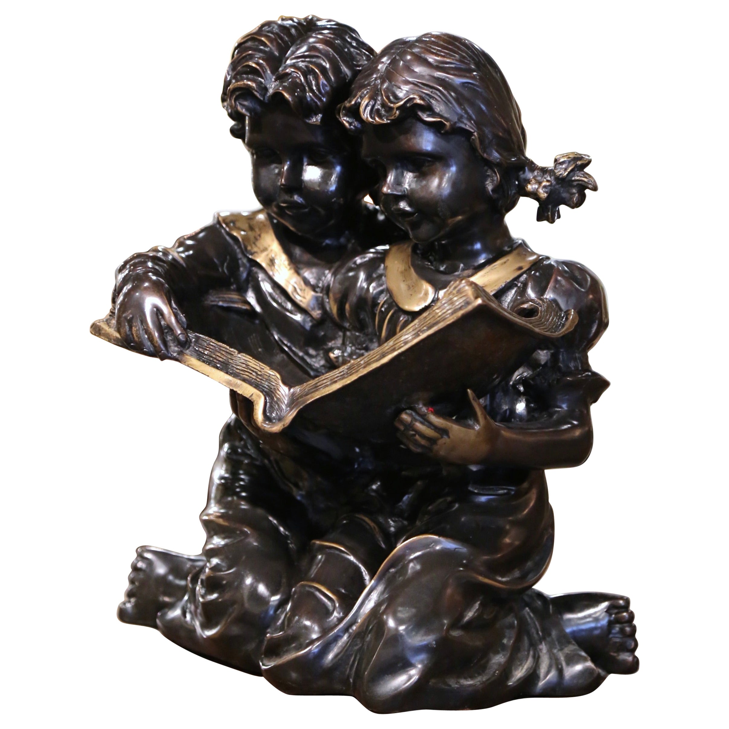 19th Century French Two-Tone Bronze "Children Reading Book" Children Composition For Sale