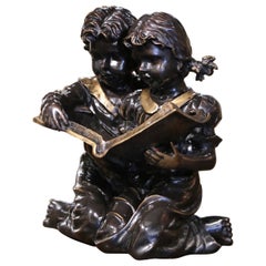 Antique 19th Century French Two-Tone Bronze "Children Reading Book" Children Composition