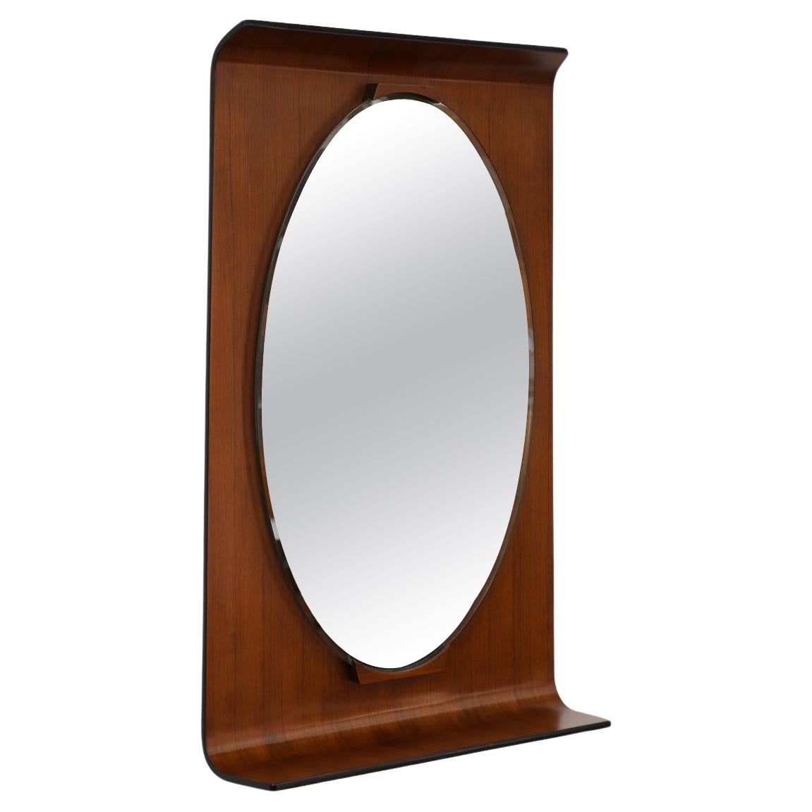 Ico Parisi Style Italian Wall Mount Mirror with Bent Teak Frame