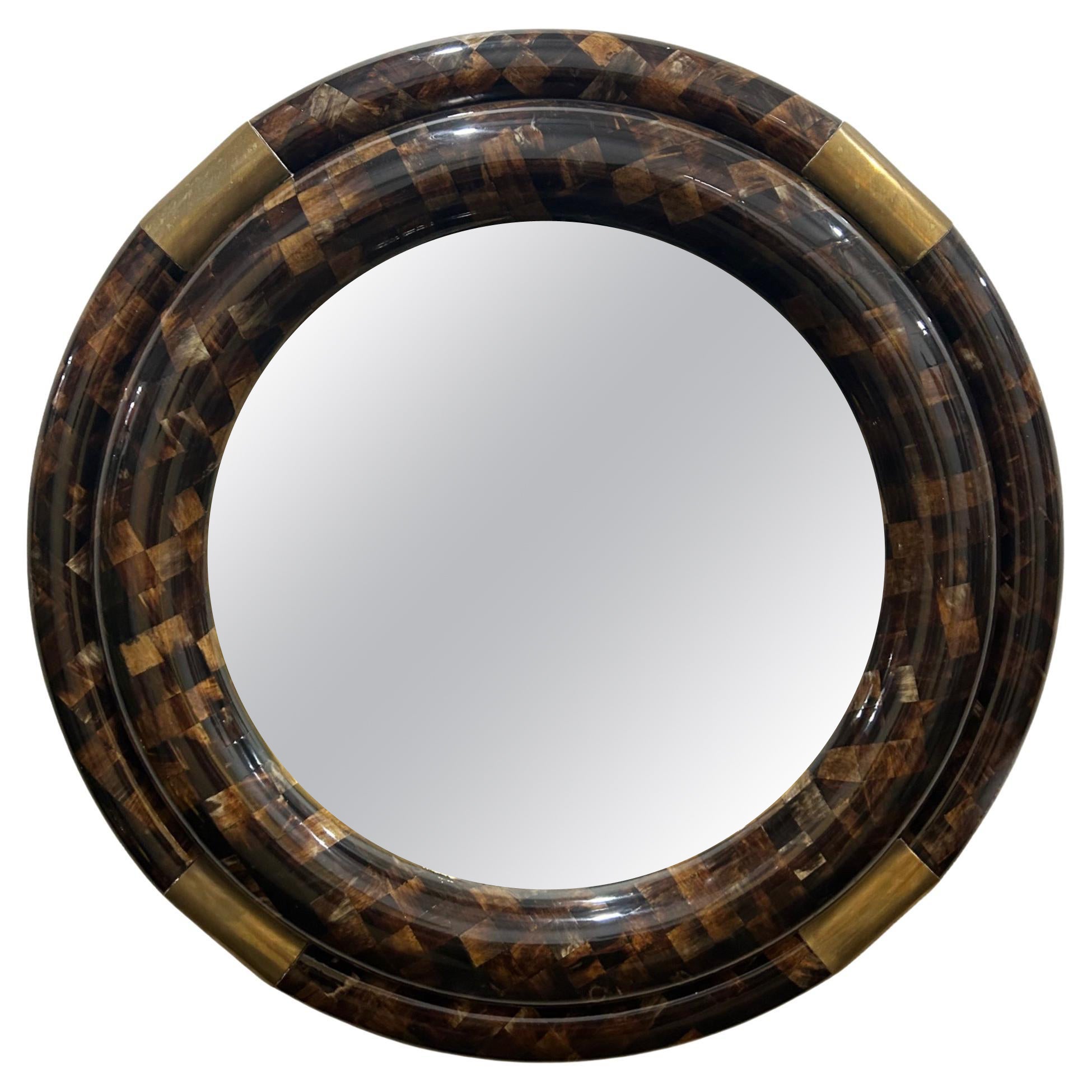 Tesselated Horn And Brass Wall Mirror For Sale