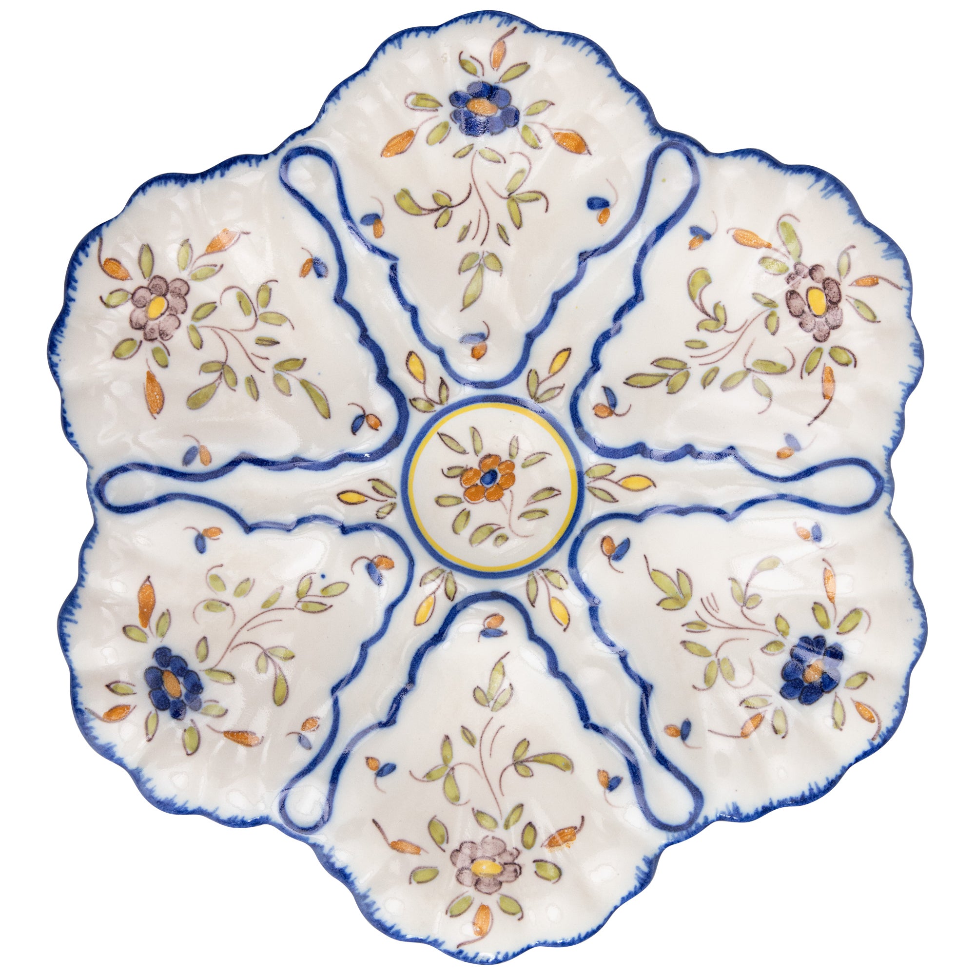 French Moustier Faience Floral Oyster Plate, Circa 1940 For Sale