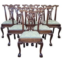 Vintage Mahogany Chippendale Dining Chairs With Teal Damask - Set of 6