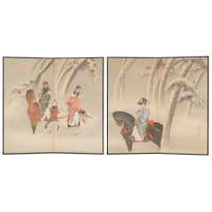 Pair of large Japanese byôbu 屏風 with Chinese warriors in a winter landscape