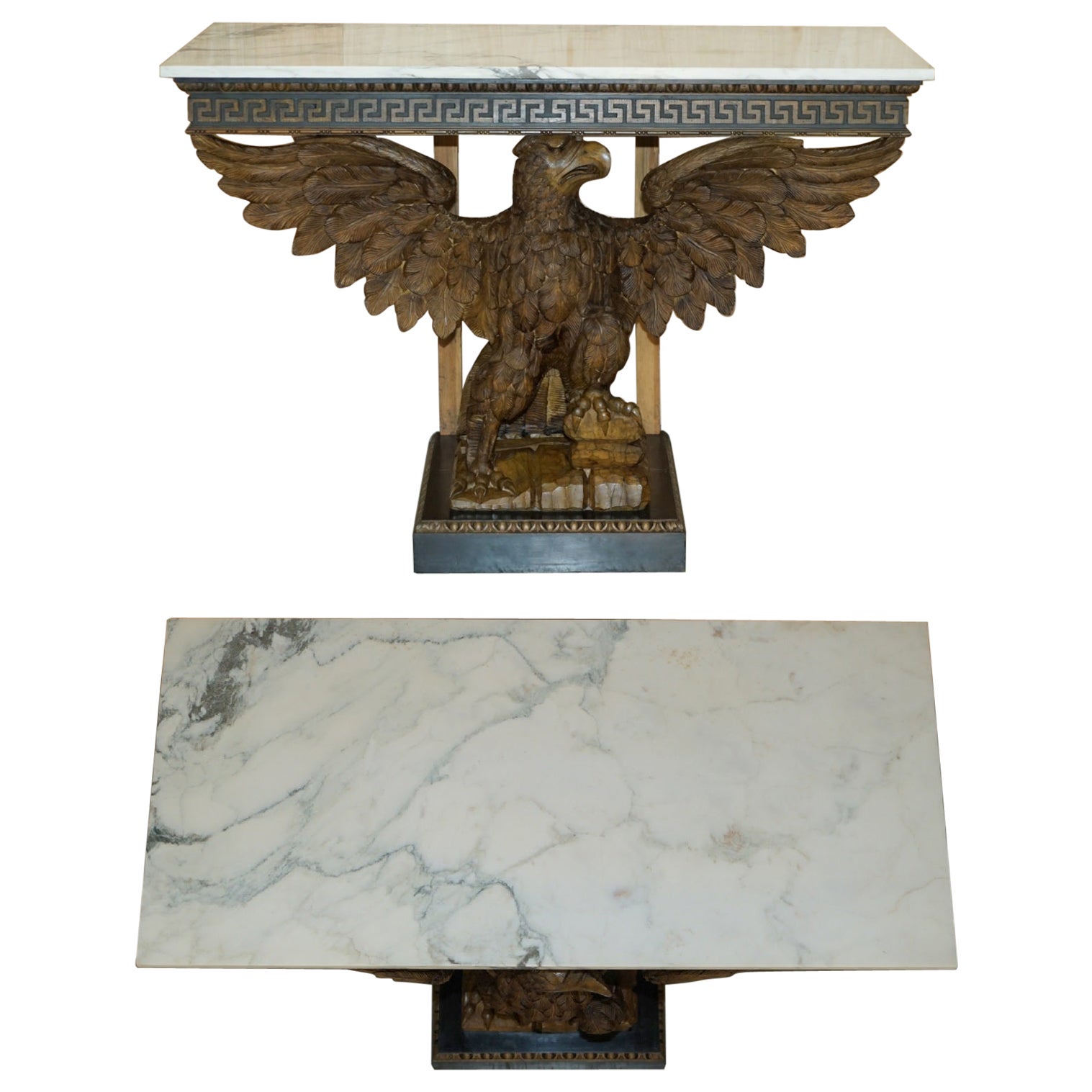 SUBLIME HAND CARVED ANTIQUE EAGLE CONSOLE TABLE WiTH ITALIAN CARRARA MARBLE TOP For Sale
