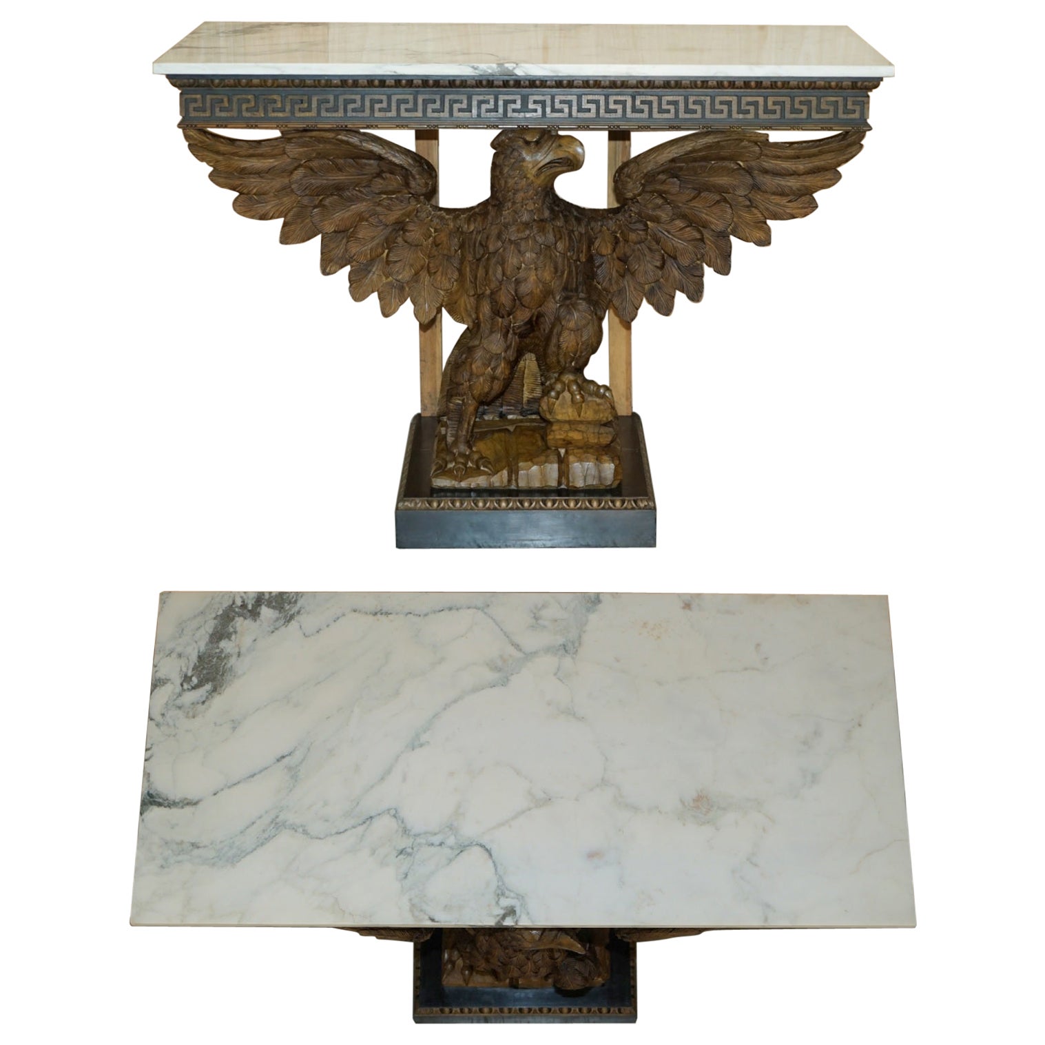 SUBLIME HAND CARVED ANTIQUE EAGLE CONSOLE TABLE WiTH ITALIAN CARRARA MARBLE TOP