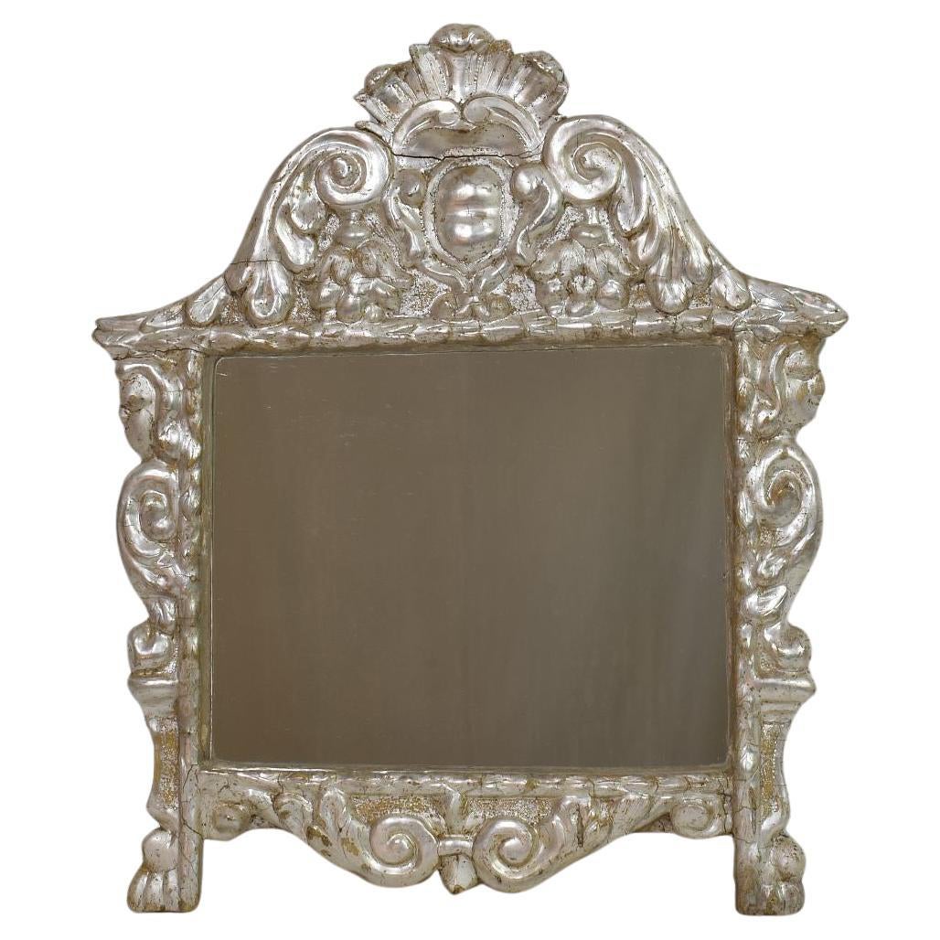 Italian 17th/ 18th Century Baroque Carved Wooden Silverleaf Mirror With Angels For Sale