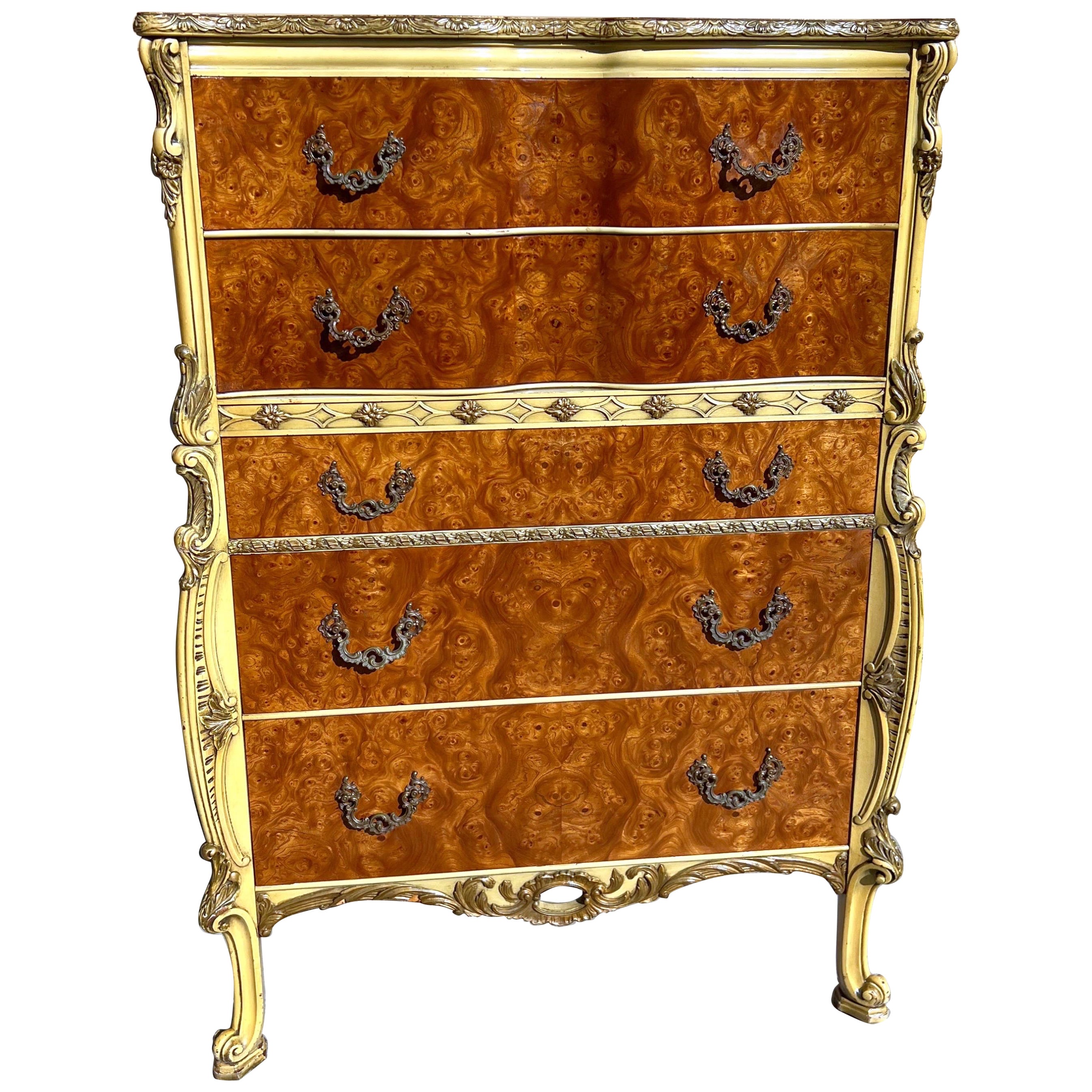 1930’s Burled Romweber French Rococo Louis XV Style Five Drawer Highboy Dresser For Sale