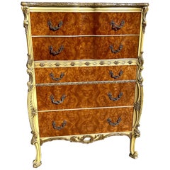 1930’s Burled Romweber French Rococo Louis XV Style Five Drawer Highboy Dresser