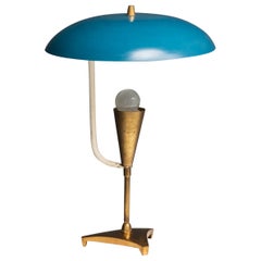 Elegant 1950s Italian Table Lamp with Brass and Blue Lacquered Shade