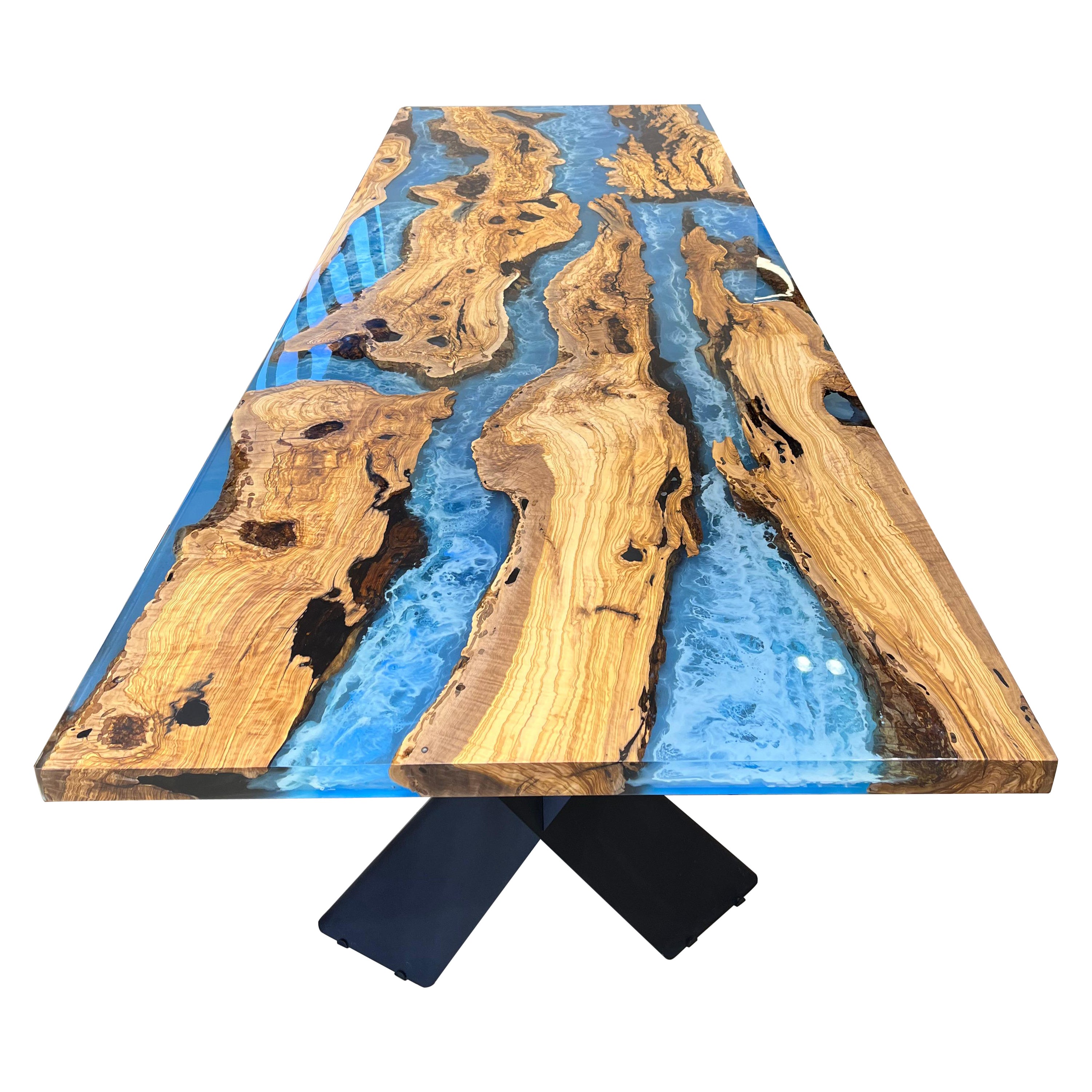 Olive Wood Custom Blue Ocean Epoxy River Table - Live Edge Dining Table For Sale
