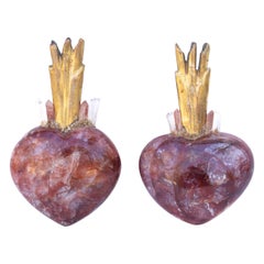 Pair of Red Hematoid Hearts with 18th Century Italian Sunrays and Crystal Quartz