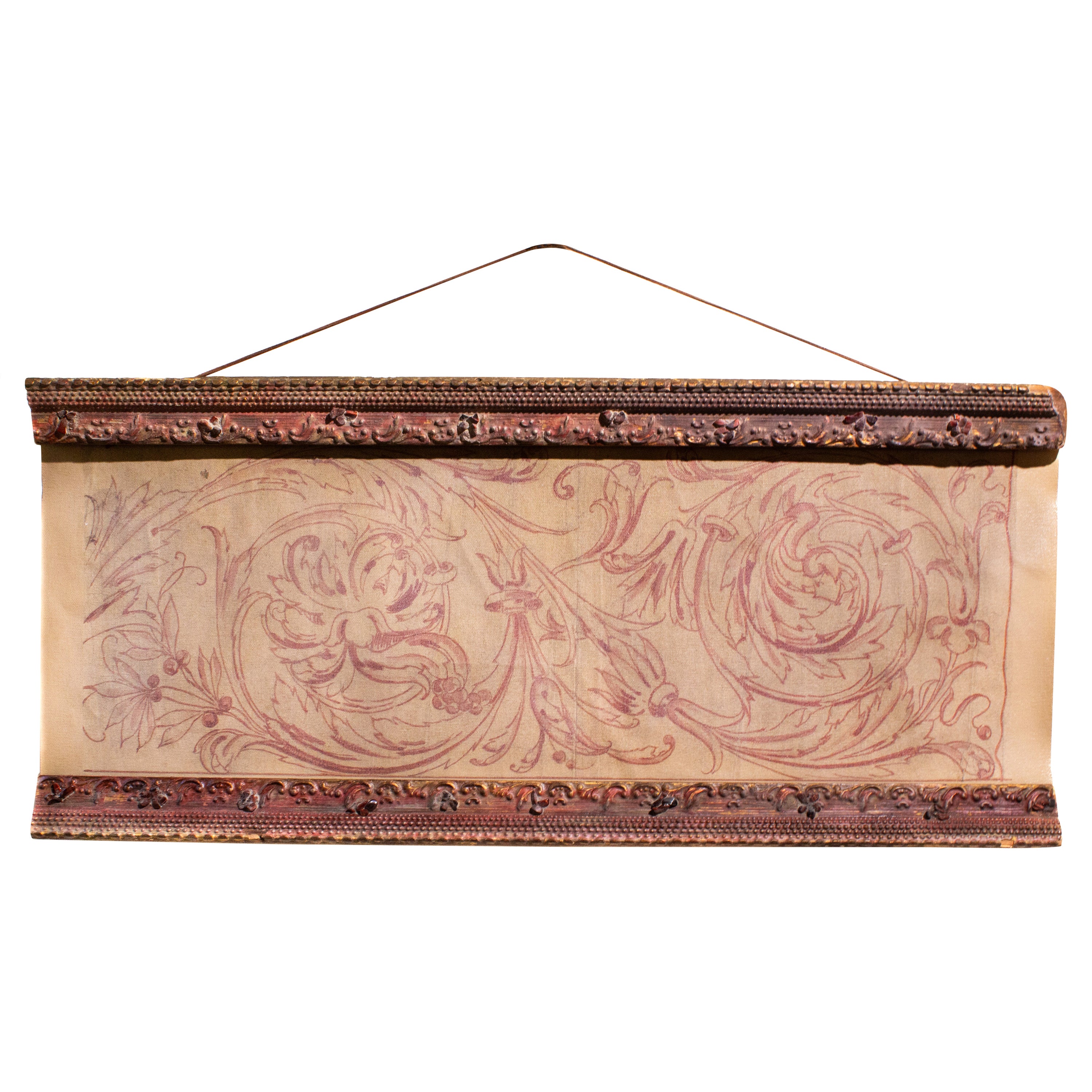 Stampa rococò italiana Spolvero su tela con cornice rosso antico e rubini rossi