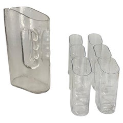 Pitcher et  Verres en verre d'art transparent Autria 1969 Seven Pieces 