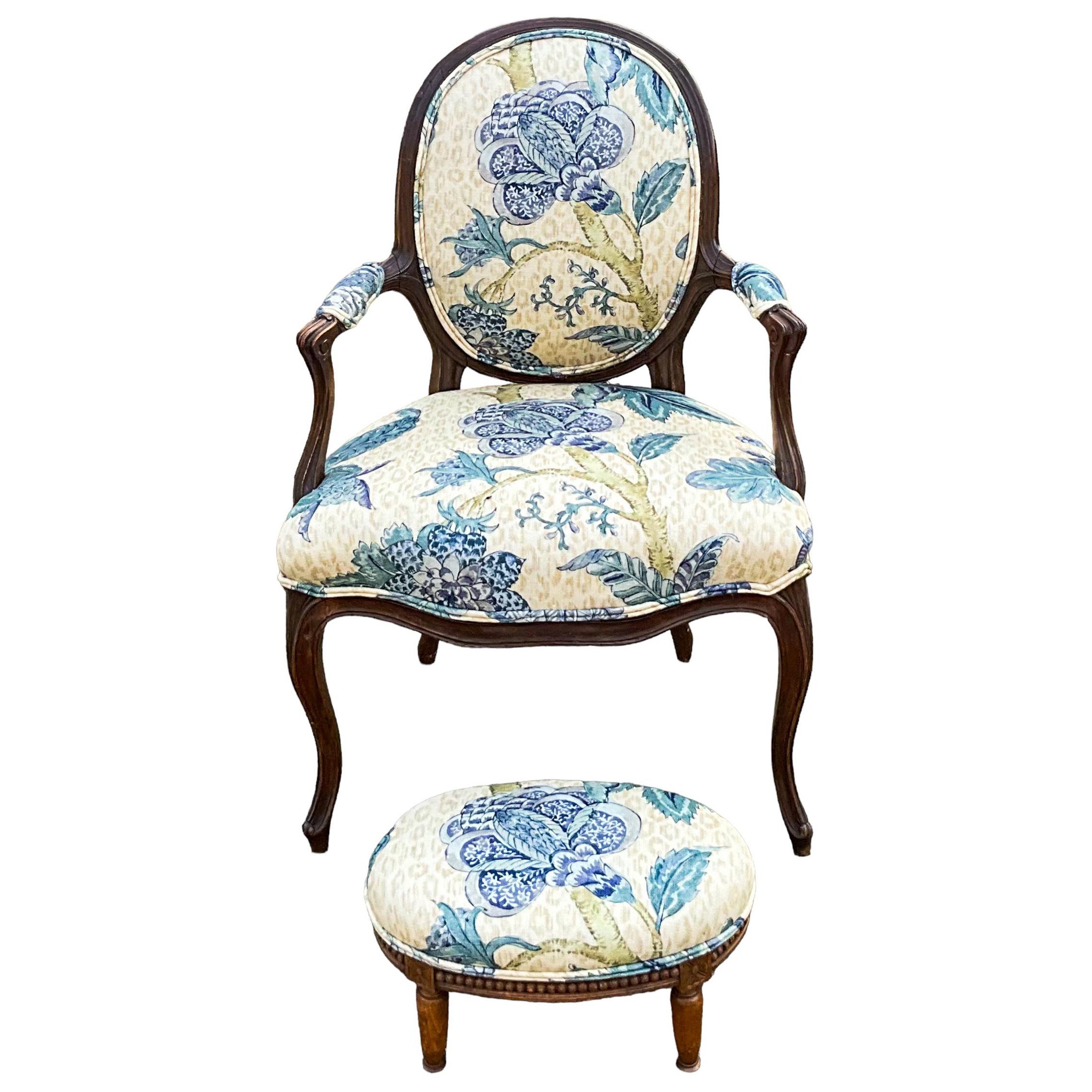 Antiker französischer Berger-Stuhl und Ottomane aus Obstholz mit Blumenmuster und Leopardenmotiv in Blau - S/2 im Angebot