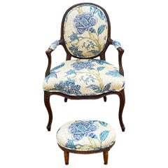 Antique French Fruitwood Berger Chair & Ottoman In Blue Floral & Leopard - S/2