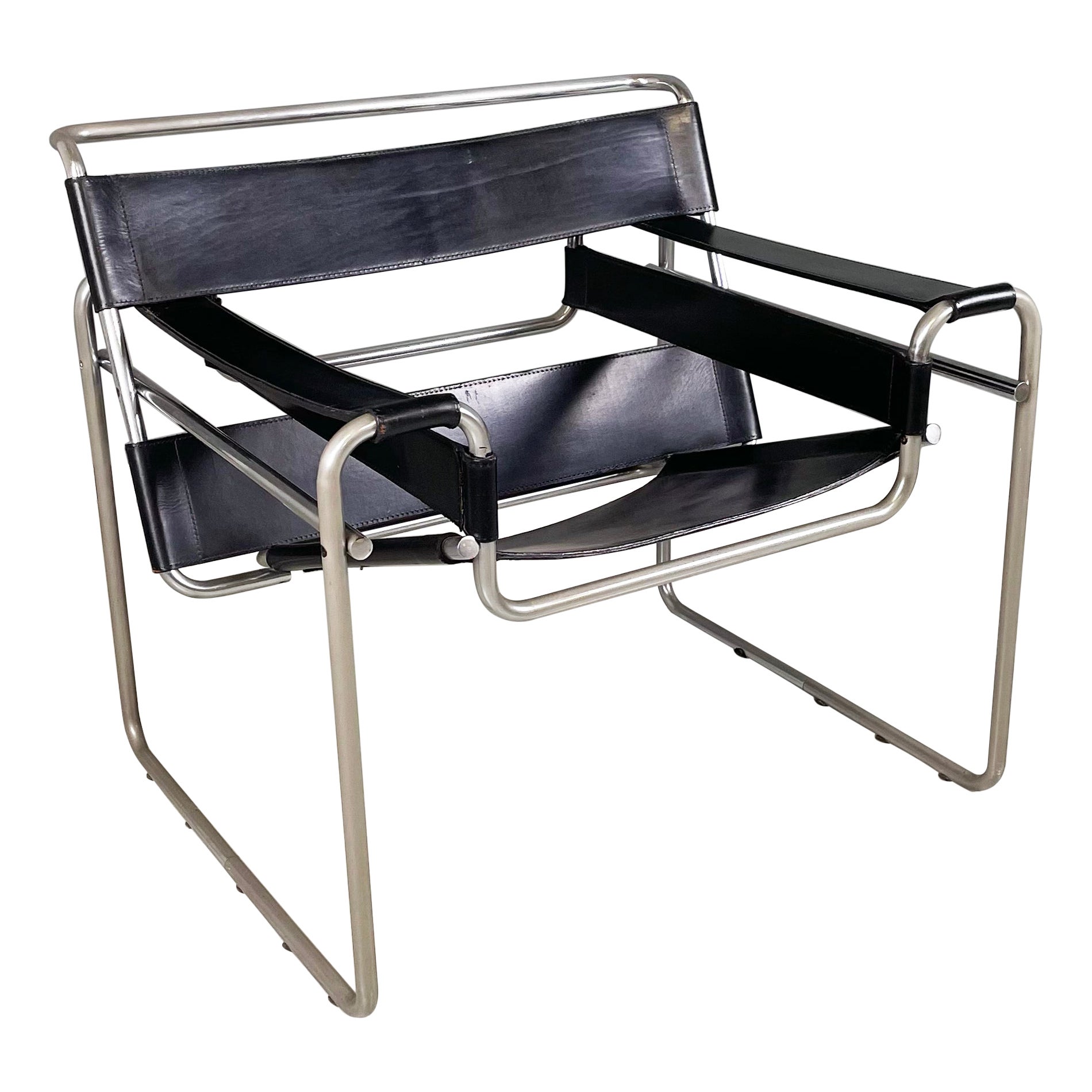 Italienische Moderne Schwarzes Leder Stahl Sessel Wassily B3 von Breuer Gavina, 1980er