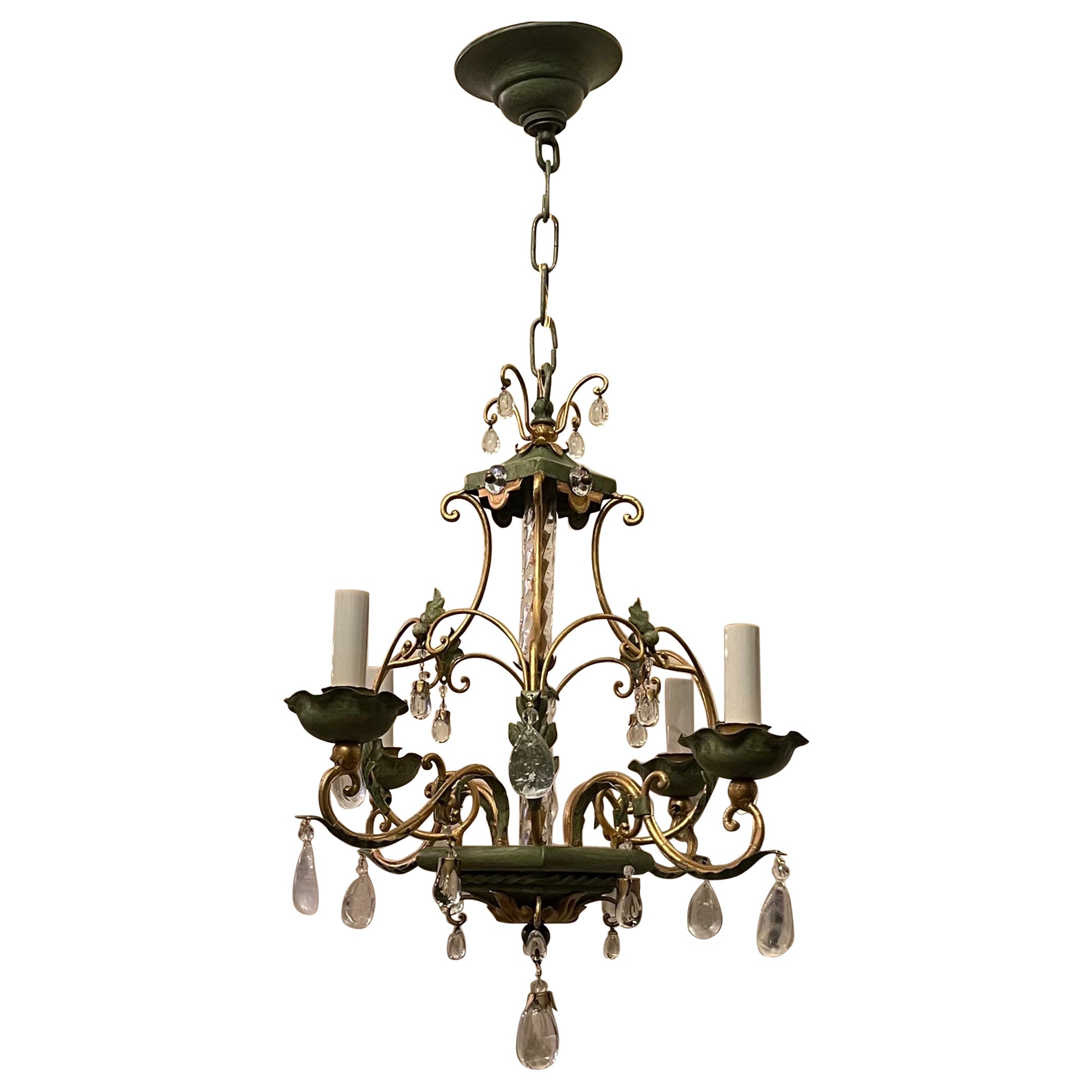 Wonderful Petite Four Light Maison Baguès Rock Crystal Tole French Chandelier For Sale